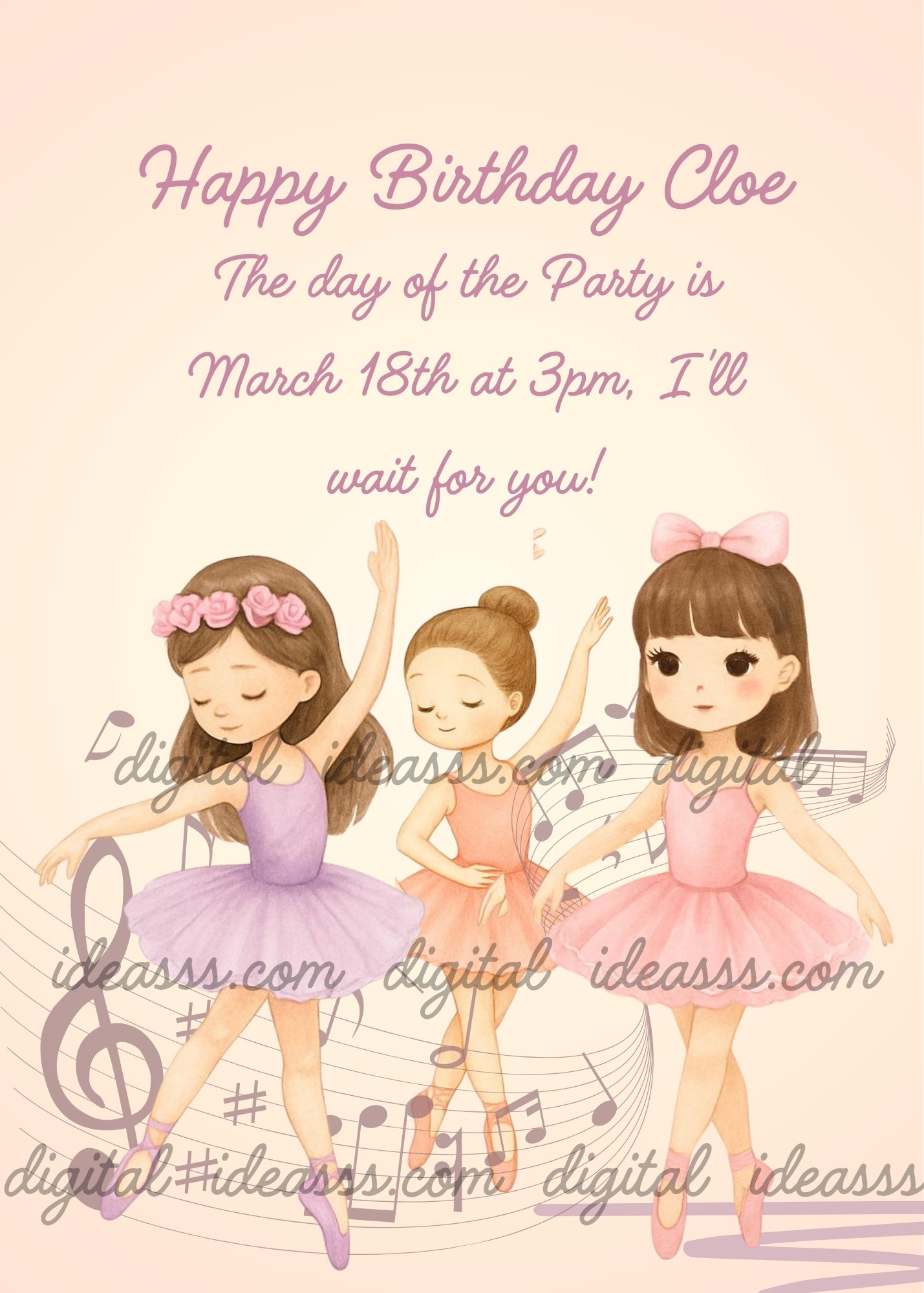 Three ballerina girls with brown hair, one with a floral crown in a lilac tutu, one with a bun in a peach tutu, and one with a pink bow in a pink tutu, dancing with musical notes on a soft peach background — birthday card for girls aged 6 to 12