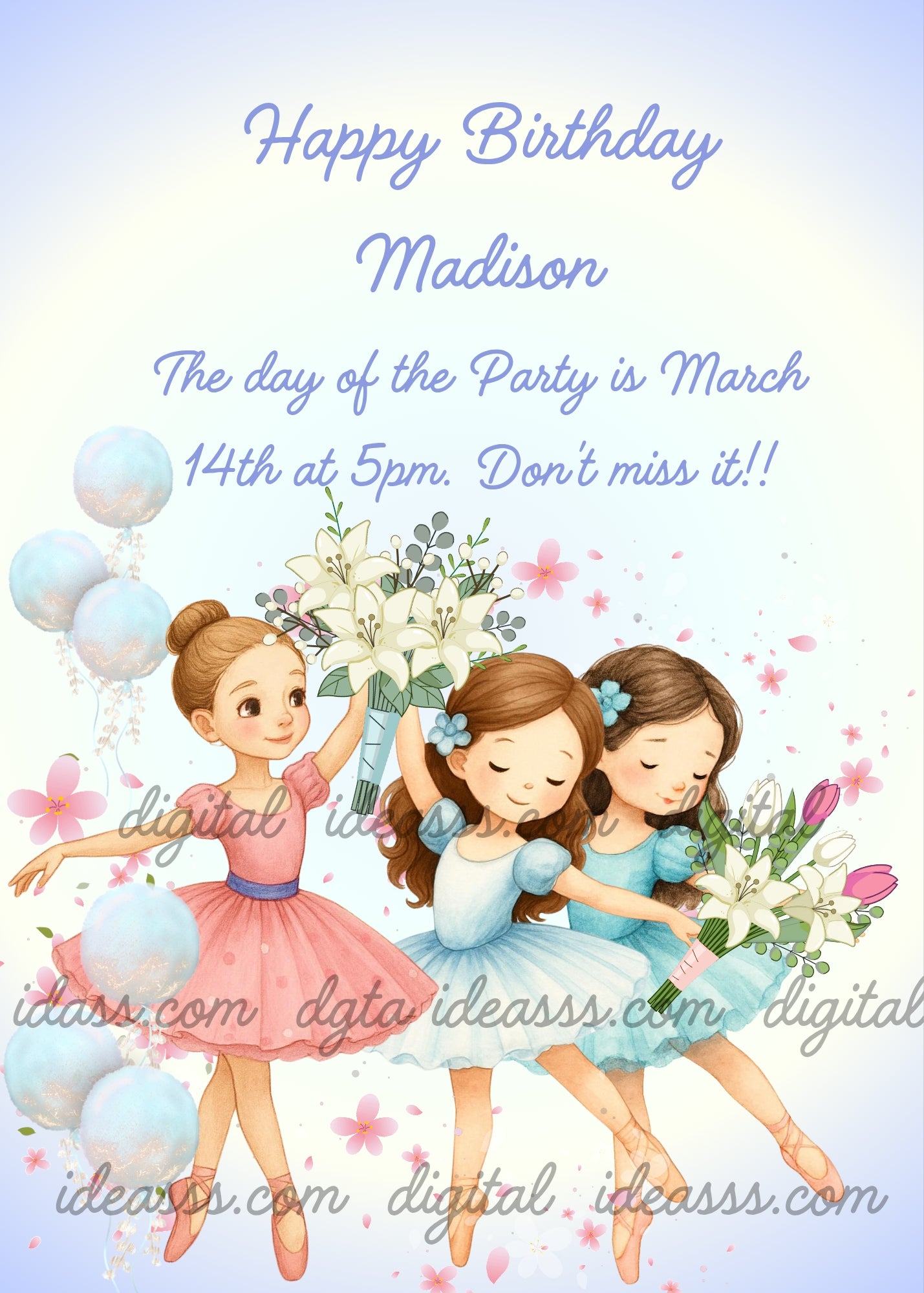 Three ballerina girls with brown hair, one in a pink tutu with white balloons, one in a light blue tutu holding white lilies, and one in a teal tutu with a blue flower, with pink cherry blossom petals on a soft blue and white background — birthday card for girls aged 5 to 10