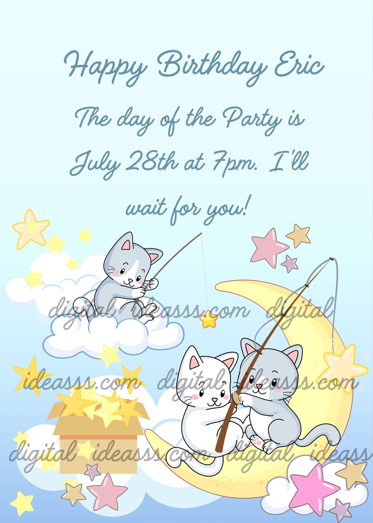A white kitten and a grey kitten sitting on a yellow crescent moon fishing for stars, another grey kitten on a cloud fishing, a cardboard box full of yellow stars resting on a cloud, colorful stars scattered on a soft light blue gradient background — birthday card for children aged 1 to 9