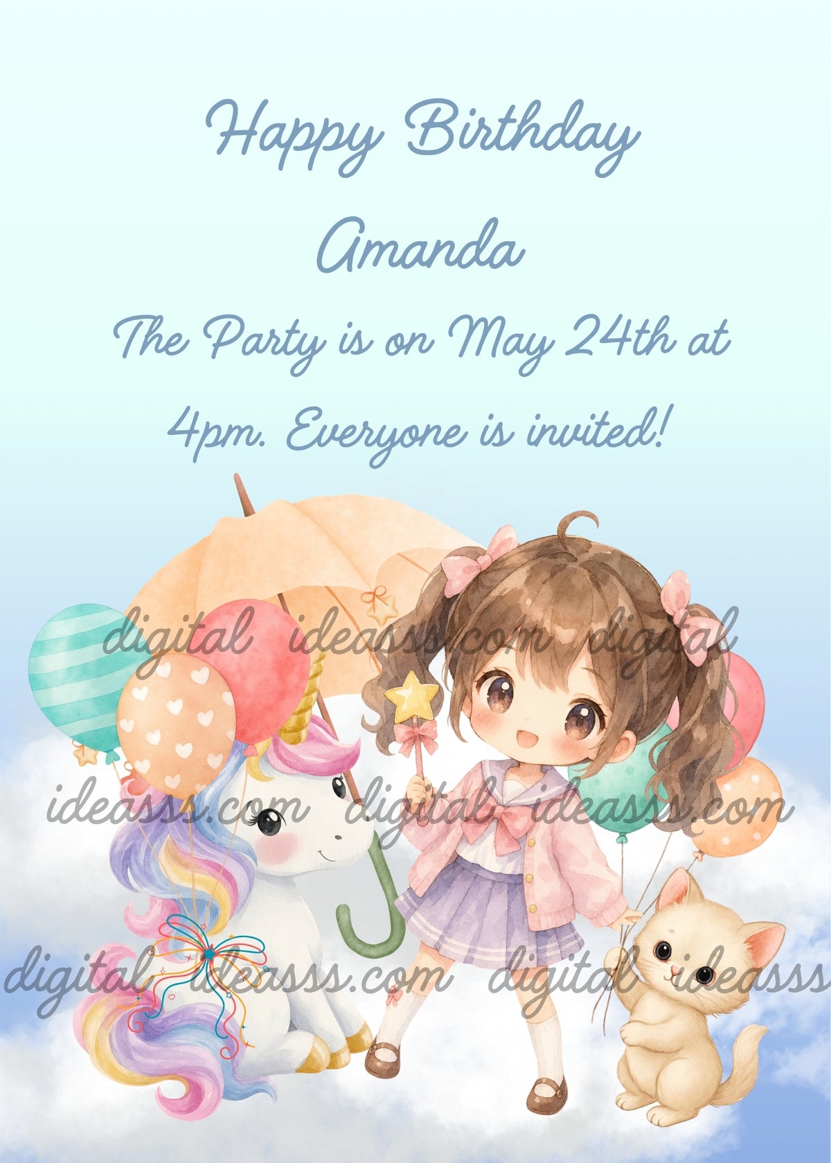Girl with brown pigtails and pink bows holding a star wand beside a white unicorn with a pastel rainbow mane and a cream kitten, with colorful balloons and a peach umbrella on soft clouds - printable birthday card for girls aged 1 to 9