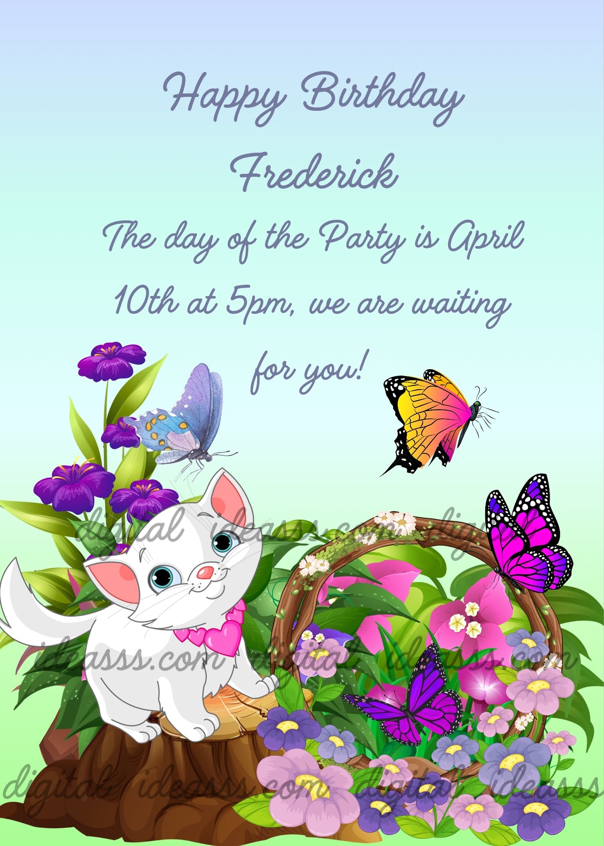A white kitten with big blue eyes and a pink heart collar sitting on a wooden stump, three colorful butterflies in blue, orange and purple, a flower basket with pink and purple blooms, purple flowers on a soft light blue and green gradient background — birthday card for children aged 10 to 14