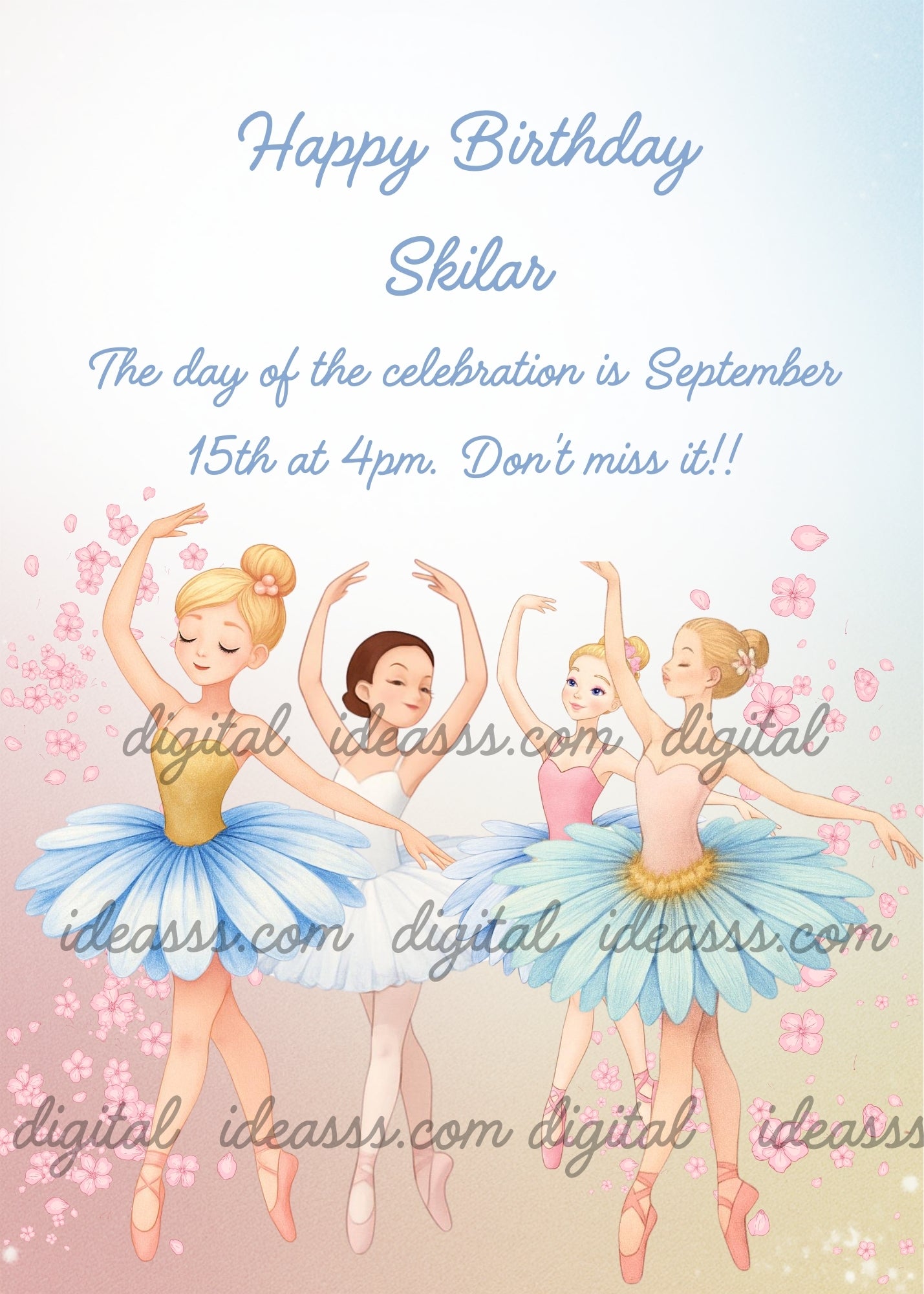 Four elegant ballerinas in blue and white flower tutus dancing gracefully with cherry blossom petals falling around them on a soft pink and blue gradient background — birthday card for girls 6-14