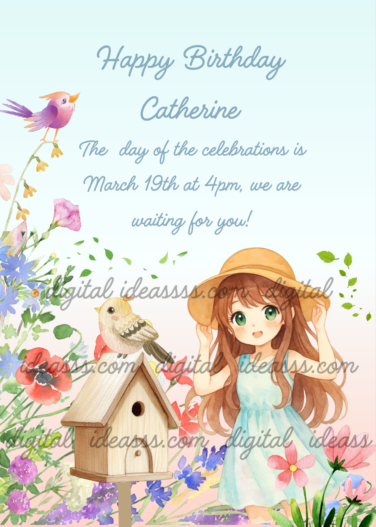 Cute anime girl with brown hair and straw hat in light blue dress next to a wooden birdhouse with a small bird surrounded by colorful wildflowers and a purple bird on a soft blue and pink gradient background — birthday card for girls aged 10 to 14
