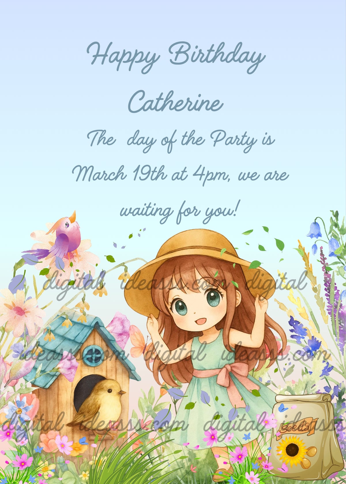 Anime girl with brown hair and straw hat in a windy spring garden, wooden birdhouse with teal roof and little yellow bird, purple orange bird perched on a flower, red poppies and wildflowers, bag of bird seeds on a soft blue pink gradient background — birthday card for girls aged 10 to 14