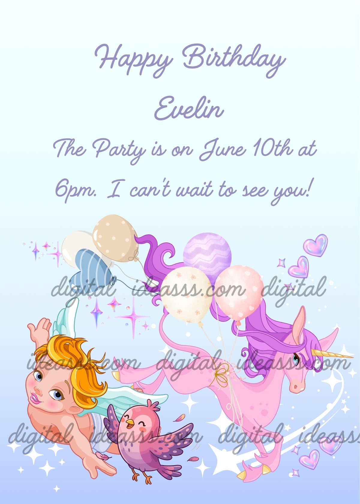 Pink unicorn with a purple mane and pastel balloons tied around its body, flying beside a blond cherub and a pink-and-purple bird, with hearts and sparkles on a pale blue and lilac background - printable birthday card for children aged 5 to 12