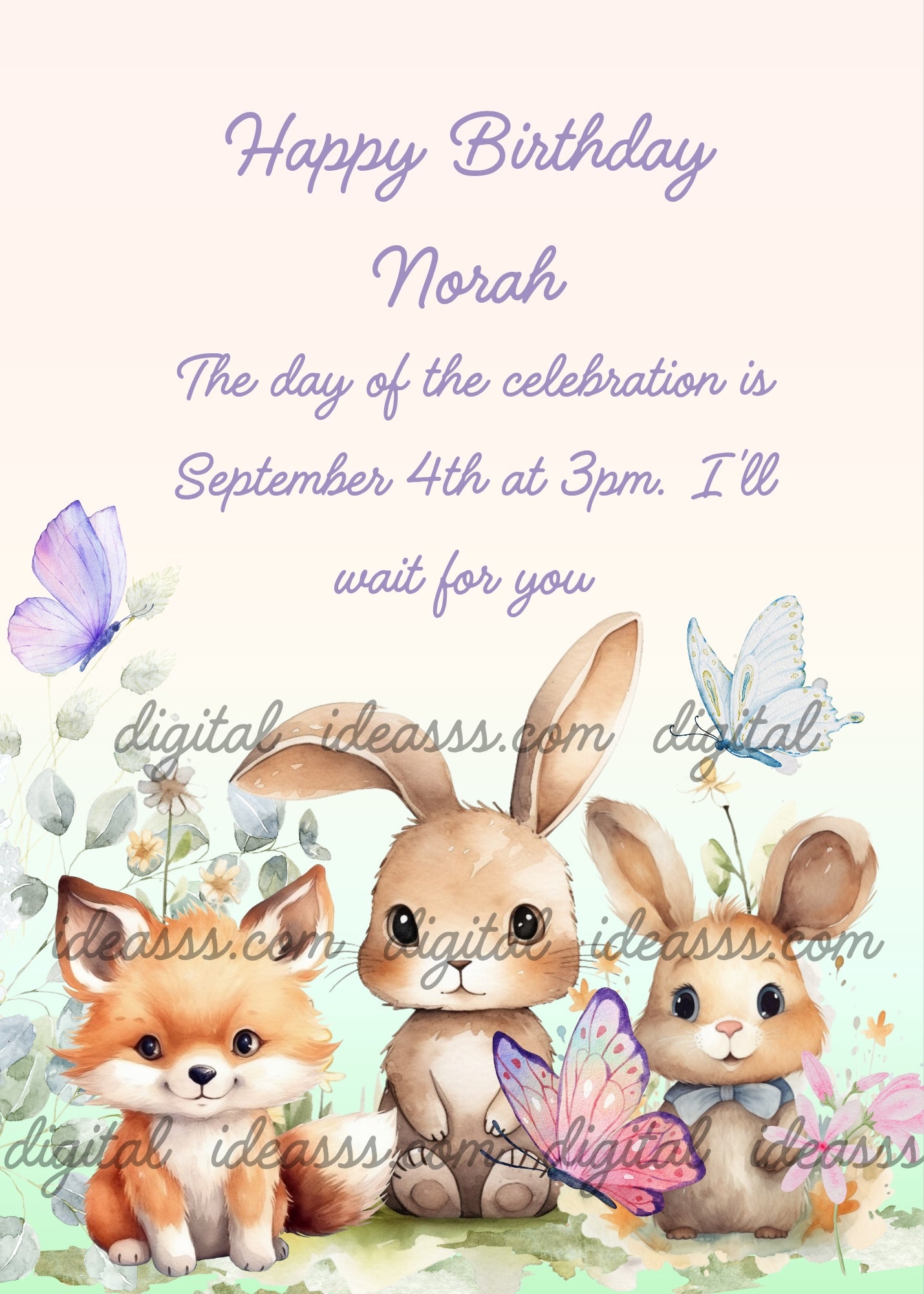 Two bunnies and a fox are in the garden. Butterflies are flying near them - printable birthday card for kids 1-9