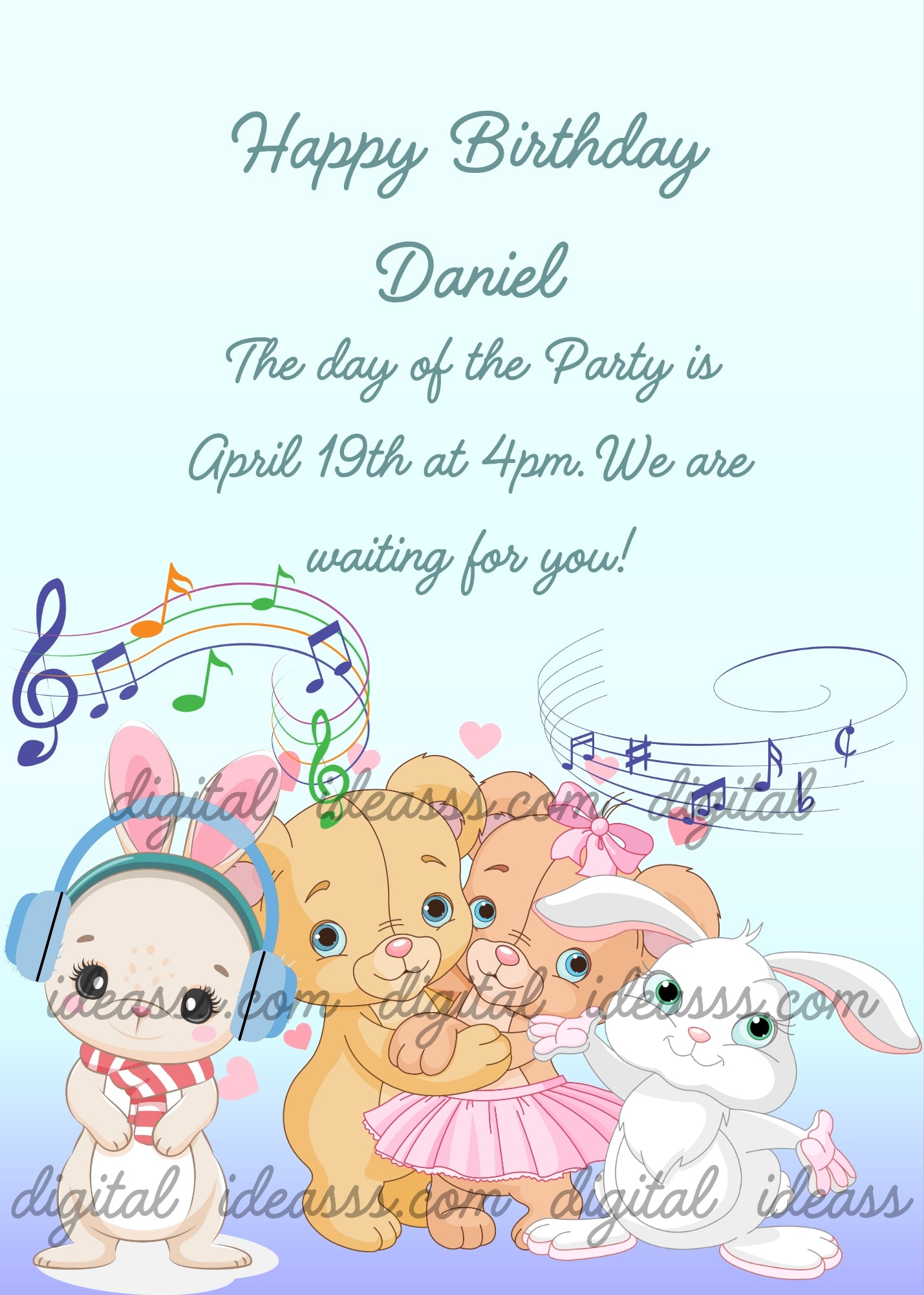 A white bunny with blue headphones and a scarf, two golden bears hugging and a white bunny with a pink bow dancing with colorful musical notes and pink hearts on a soft blue background — birthday card for children 1-9
