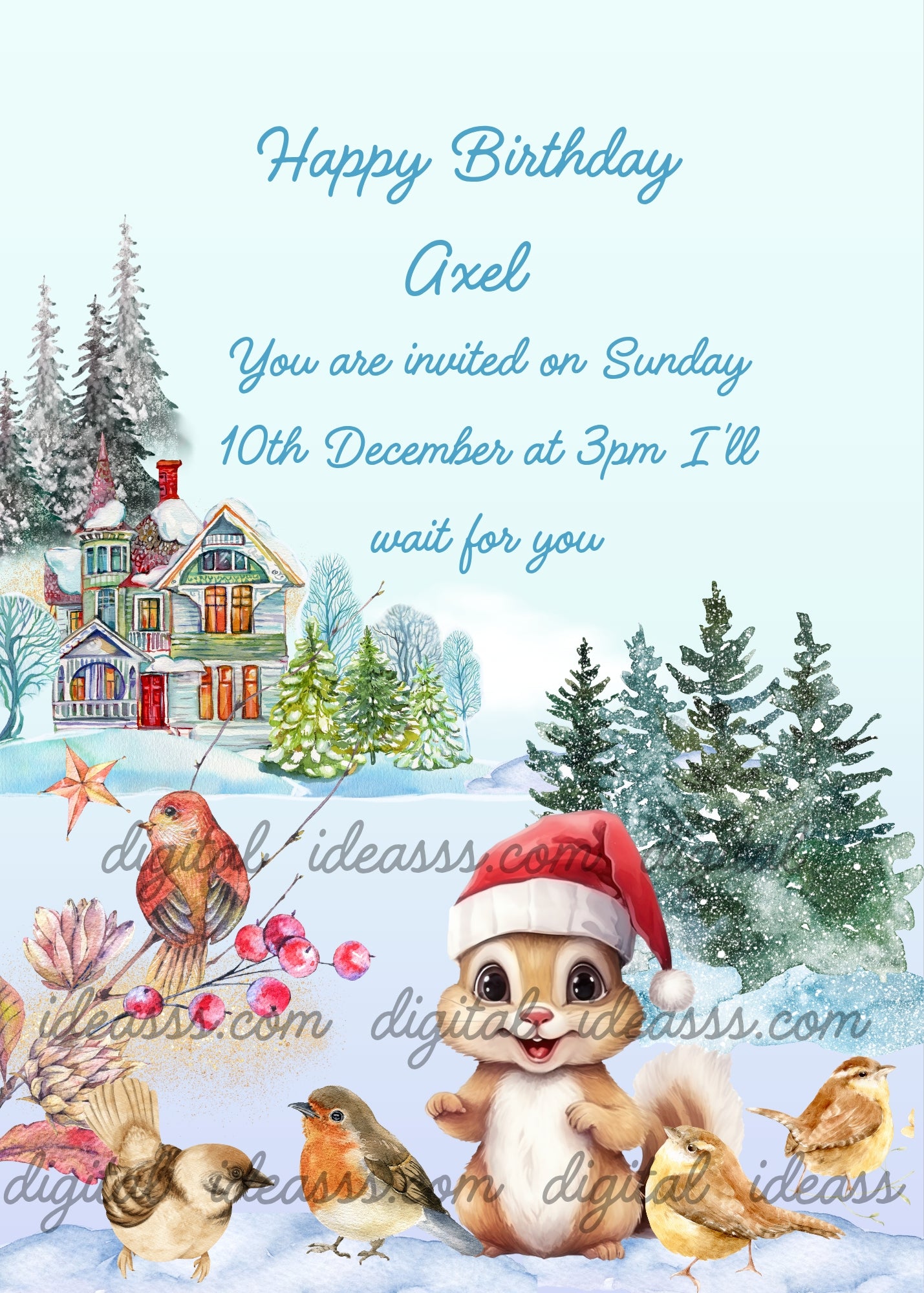 Cute squirrel with Santa hat surrounded by birds in a snowy forest with a house and pine trees on a light blue background — birthday card for kids 1-10
