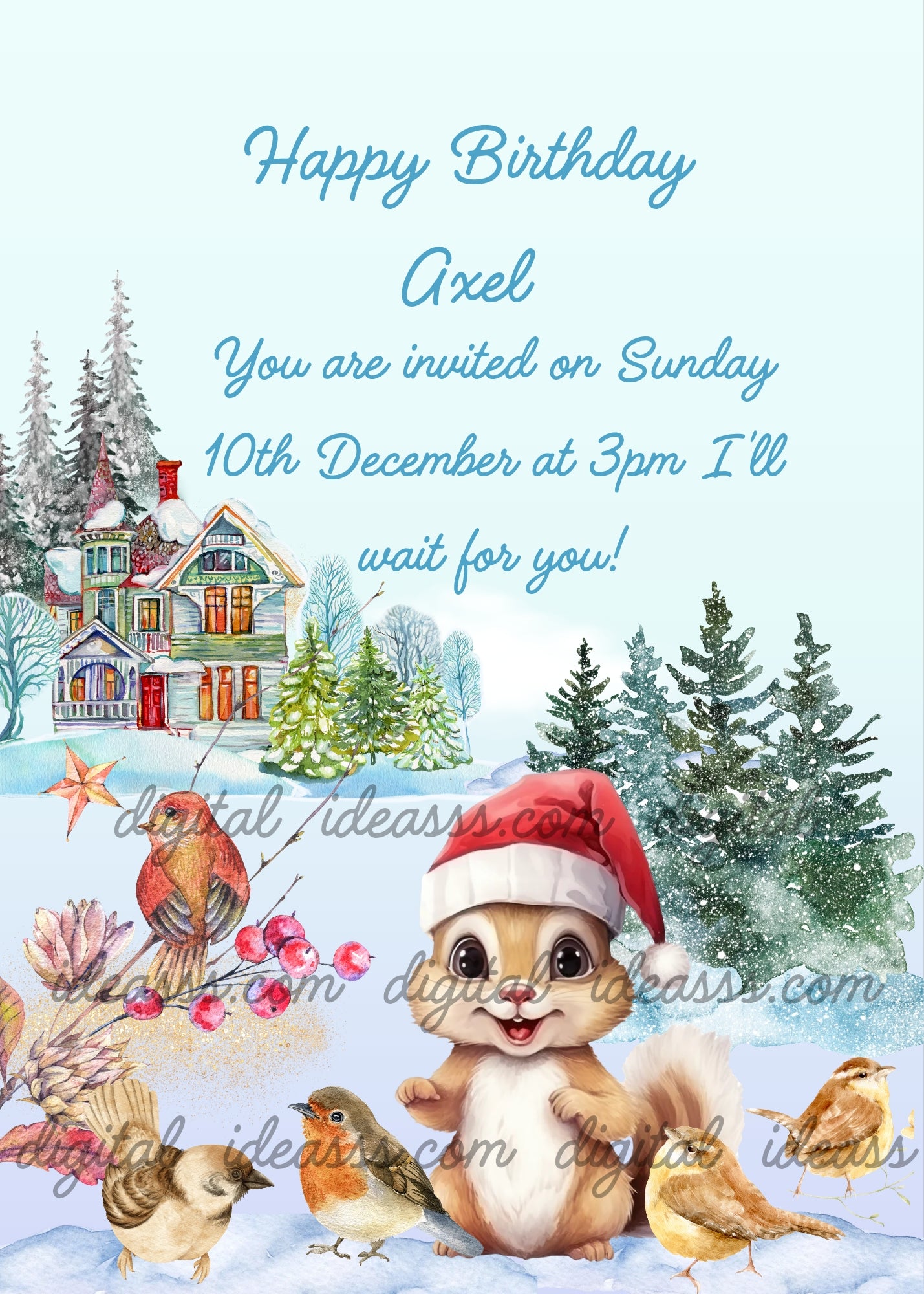 Cute squirrel with Santa hat surrounded by robins and sparrows in a snowy winter scene with a Christmas house and pine trees — printable birthday card for children aged 1 to 10