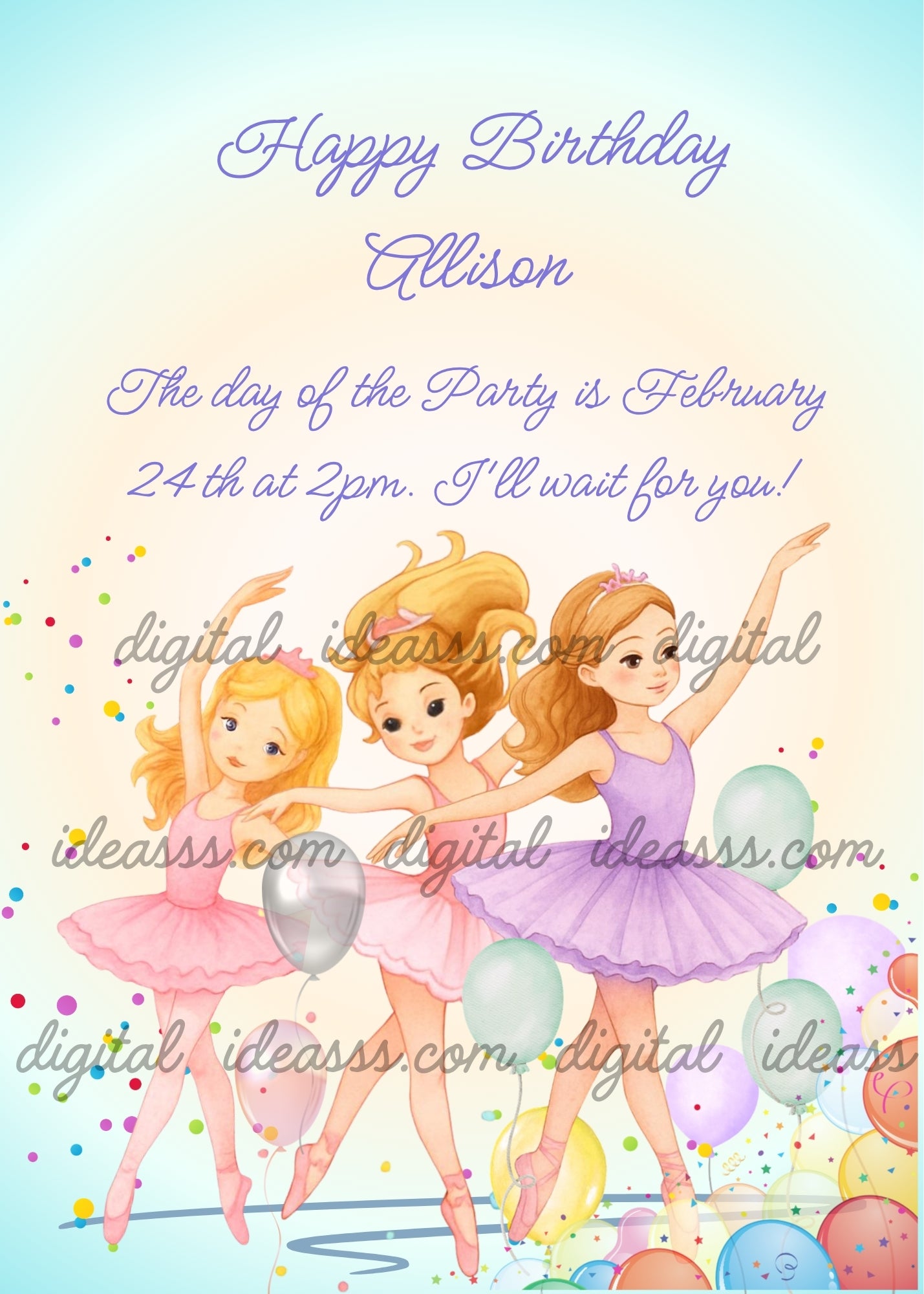 Three ballerinas with blonde and auburn hair in pink and lavender tutus dancing joyfully with colorful balloons and confetti on a soft peach and blue gradient background — birthday card for girls aged 6 to 14