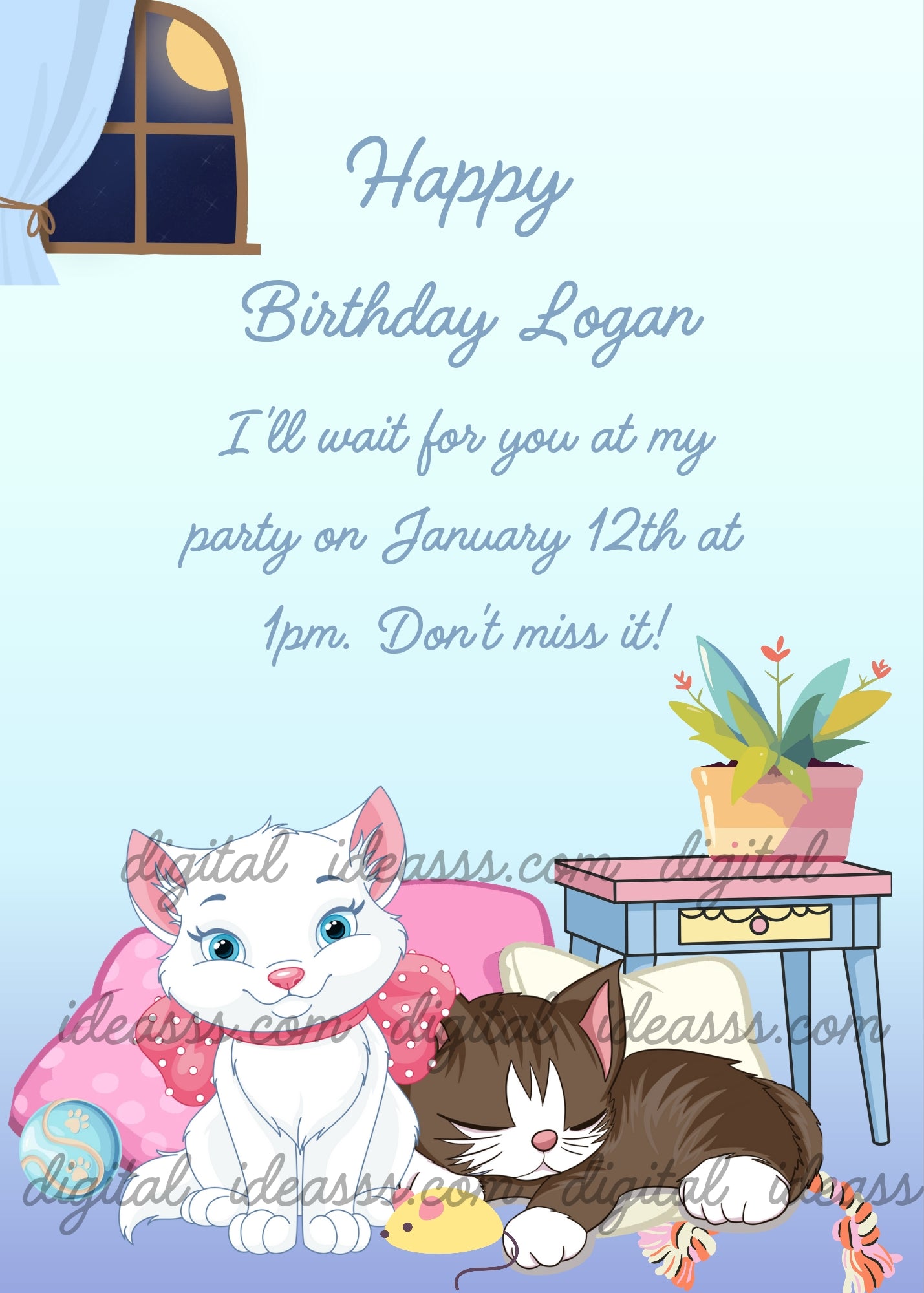 A white cartoon kitten with a pink bow and a sleeping brown and white kitten resting on three cushions with a toy mouse, a pink armchair, a potted plant on a bedside table, and a moonlit window on a soft pastel blue gradient background — printable birthday card for kids aged 1 to 12