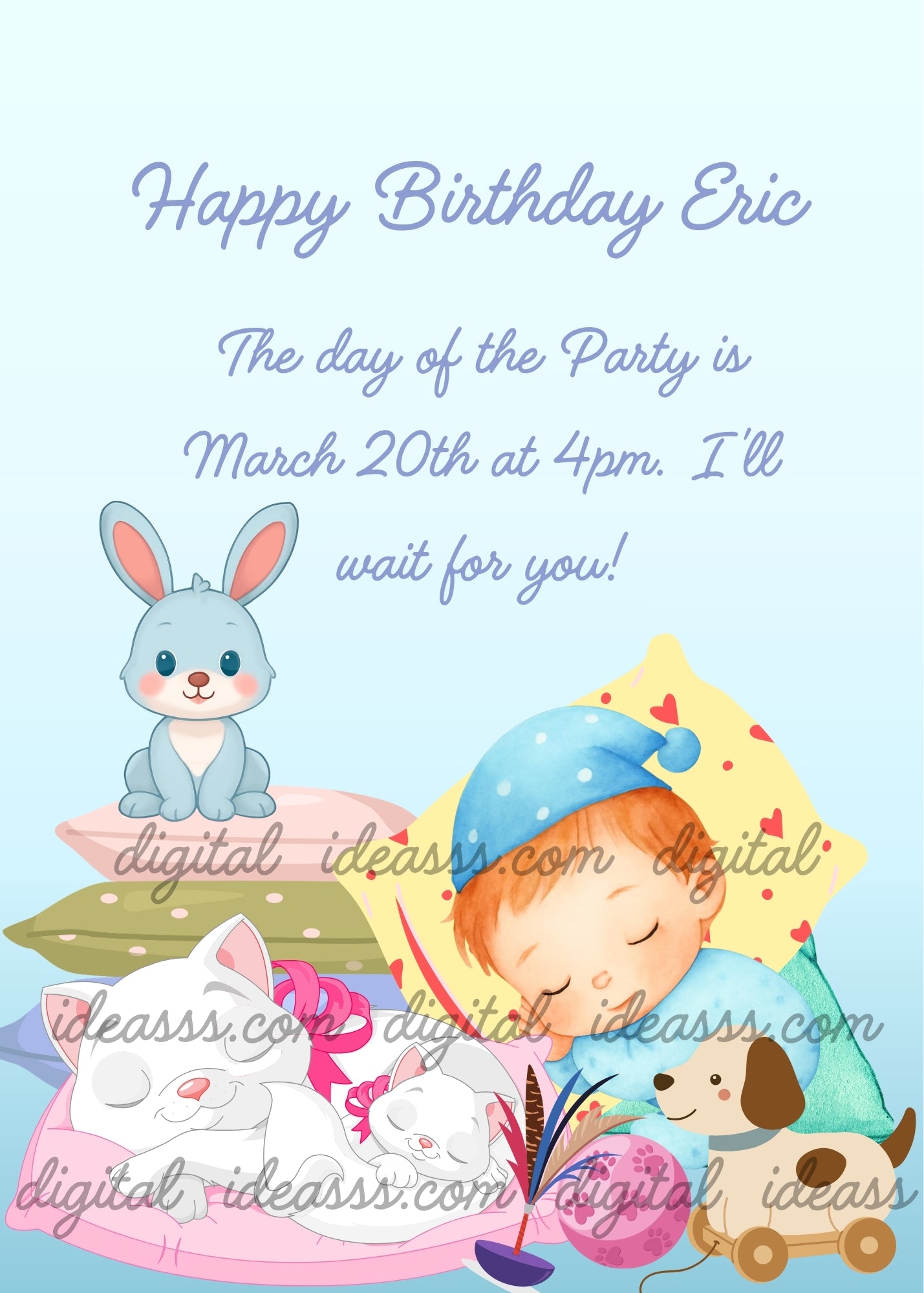 Two white cartoon kittens sleeping on a pink cushion, a light blue bunny on stacked cushions, a sleeping baby with a blue hat on colorful pillows, a toy dog on wheels, a pink ball and a cat feather toy on a soft pastel blue gradient background — printable birthday card for kids aged 1 to 9
