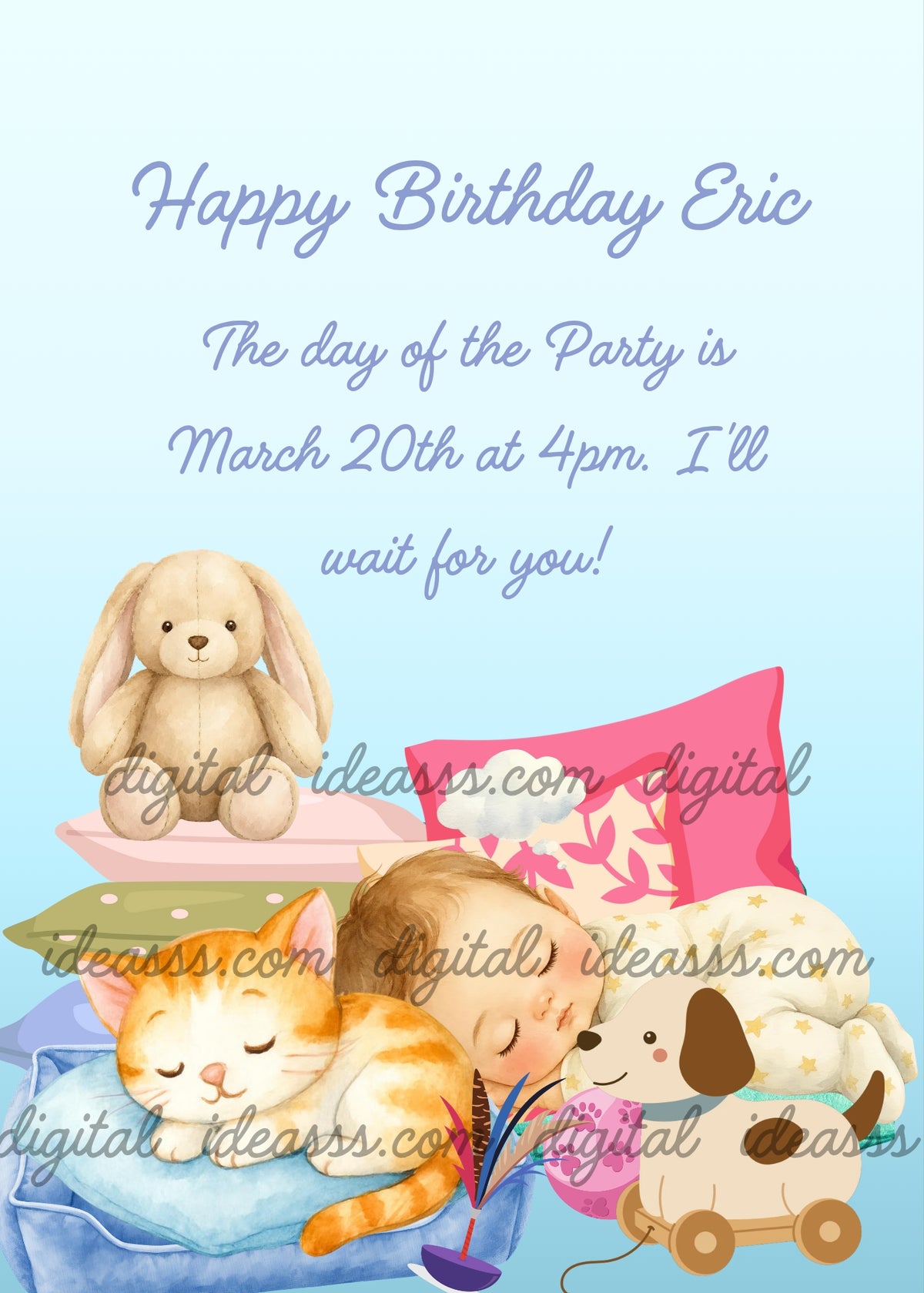 Baby sleeping on clouds with orange striped cat bunny plush pink cushions toy dog and colorful ball on light blue background — birthday card for children aged 1 to 9