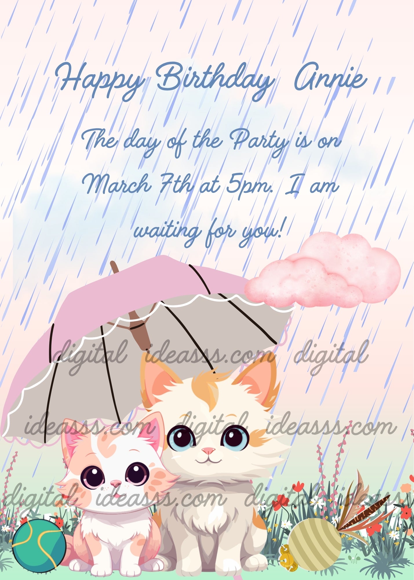 Two kittens shelter together under a pink umbrella in the rain with their toys nearby in a flower garden - printable birthday card for kids 1-9
