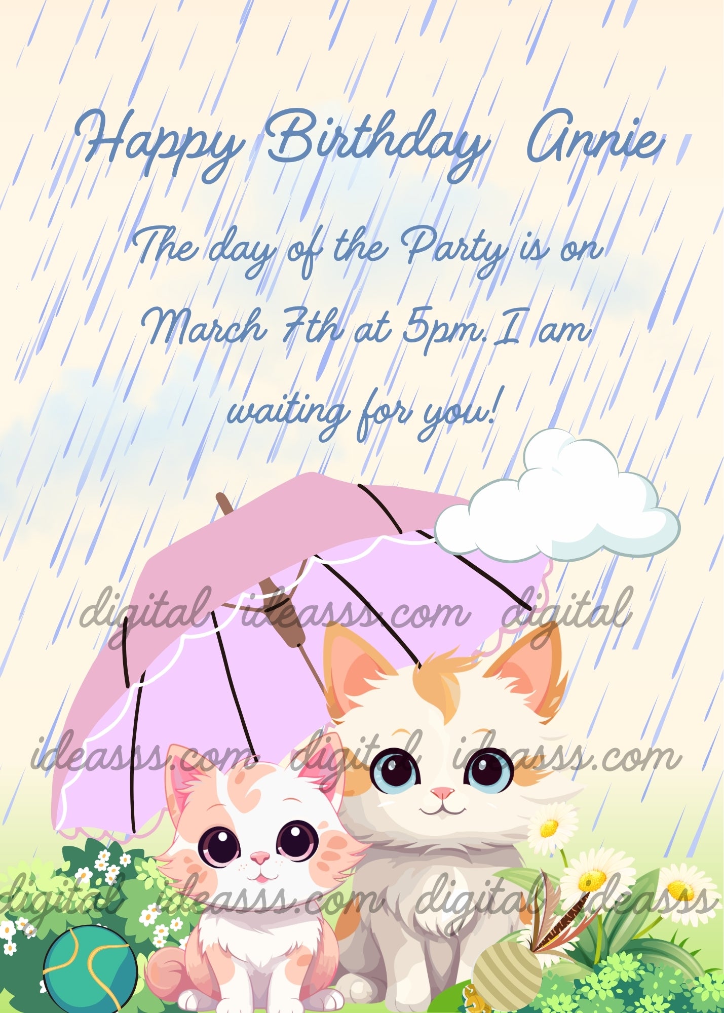 Two cute cartoon kittens sheltering under a pink umbrella in the rain, with two toy balls, spring flowers and a small cloud on a soft yellow gradient background — printable birthday card for kids aged 1 to 12