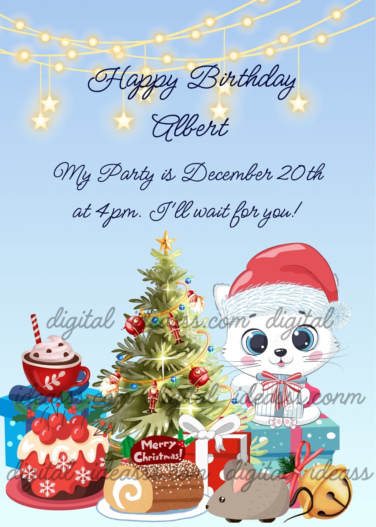 White kitten Trilly in a red Santa hat holding a gift beside a decorated Christmas tree, colorful presents, a toy mouse and a golden bell. A red mug sits on a blue gift box, with a cherry-topped cake and a Christmas yule log in front, under glowing lights and hanging stars — Christmas birthday card for children aged 1 to 10