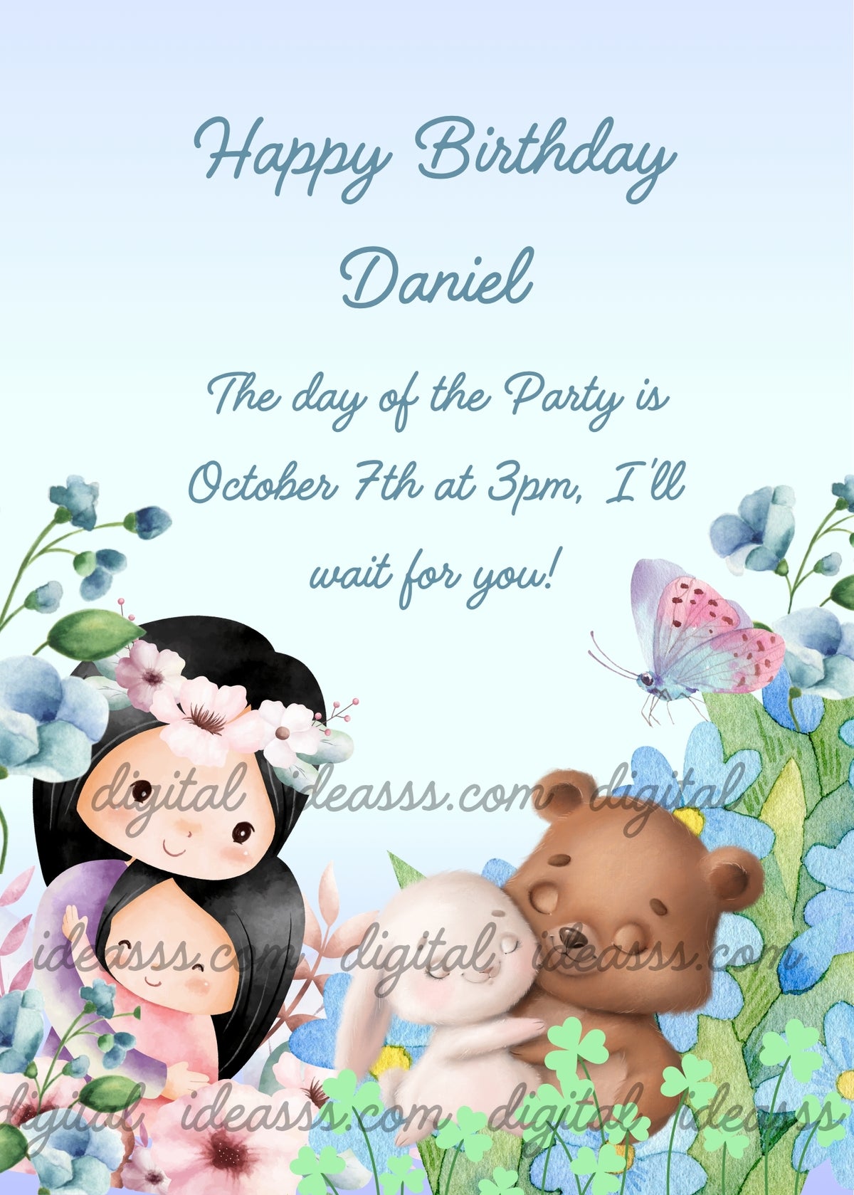 Kawaii mother with flower garland hugging little daughter, brown teddy bear hugging white bunny, blue butterfly, blue flowers and small clovers on a soft light blue gradient background — birthday card for children aged 1 to 10
