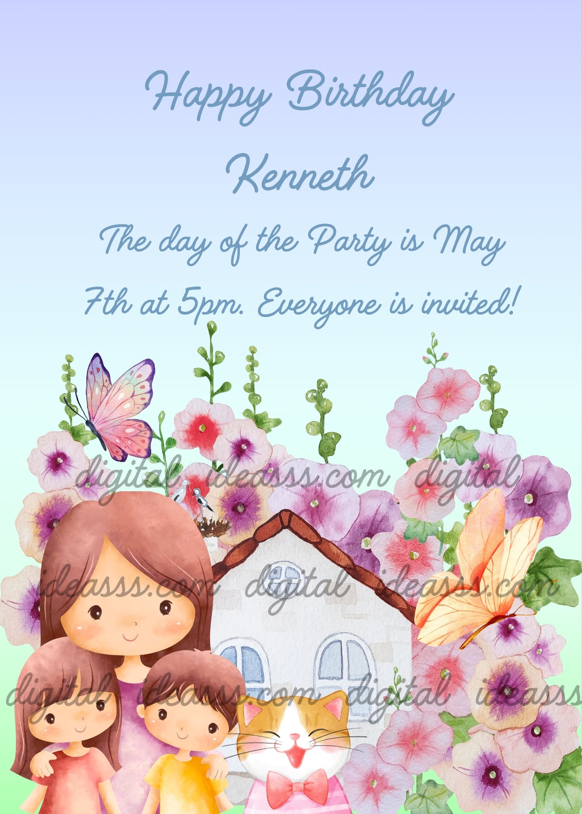 A mother with long brown hair in a purple dress with a girl in pink and a boy in yellow, an orange and white kitten with a pink bow, a white house with brown roof, pink and purple malvas, two butterflies on a light blue and green gradient background — birthday card for children aged 1 to 12