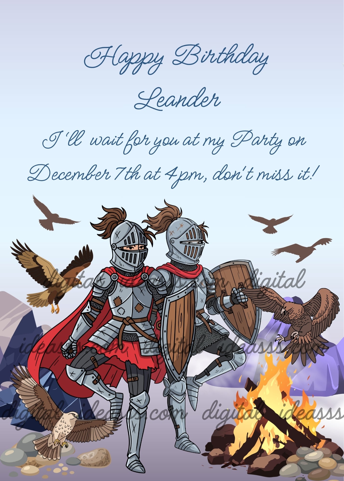 Two brave knights in silver armor with red capes and brown feathered helmets standing among rocky mountains next to a campfire, surrounded by majestic hawks and eagles flying all around them, on a soft blue sky background — birthday card for boys aged 10 to 14