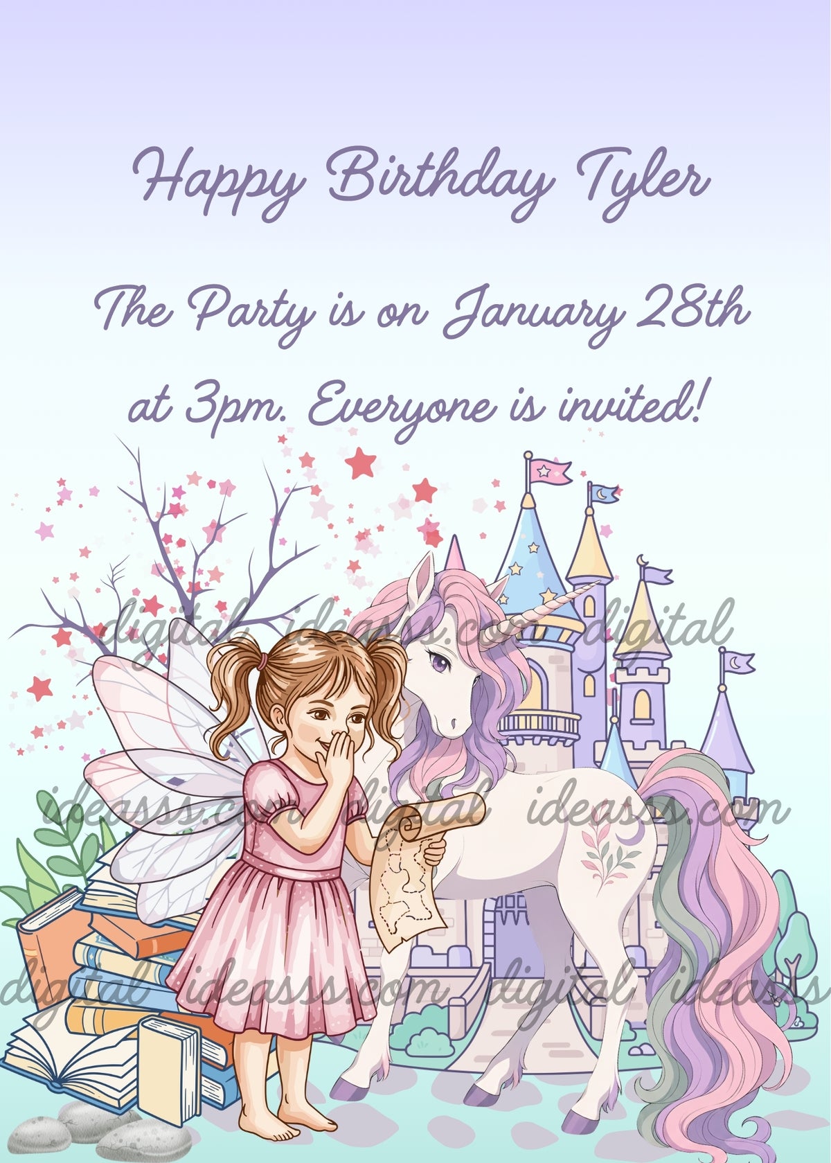 Fairy in a pink dress holding a map with one hand raised to her mouth beside a white unicorn with a pastel mane and tail, with books, a pastel castle and pink stars on a light blue and lilac background - printable birthday card for children aged 7 to 12