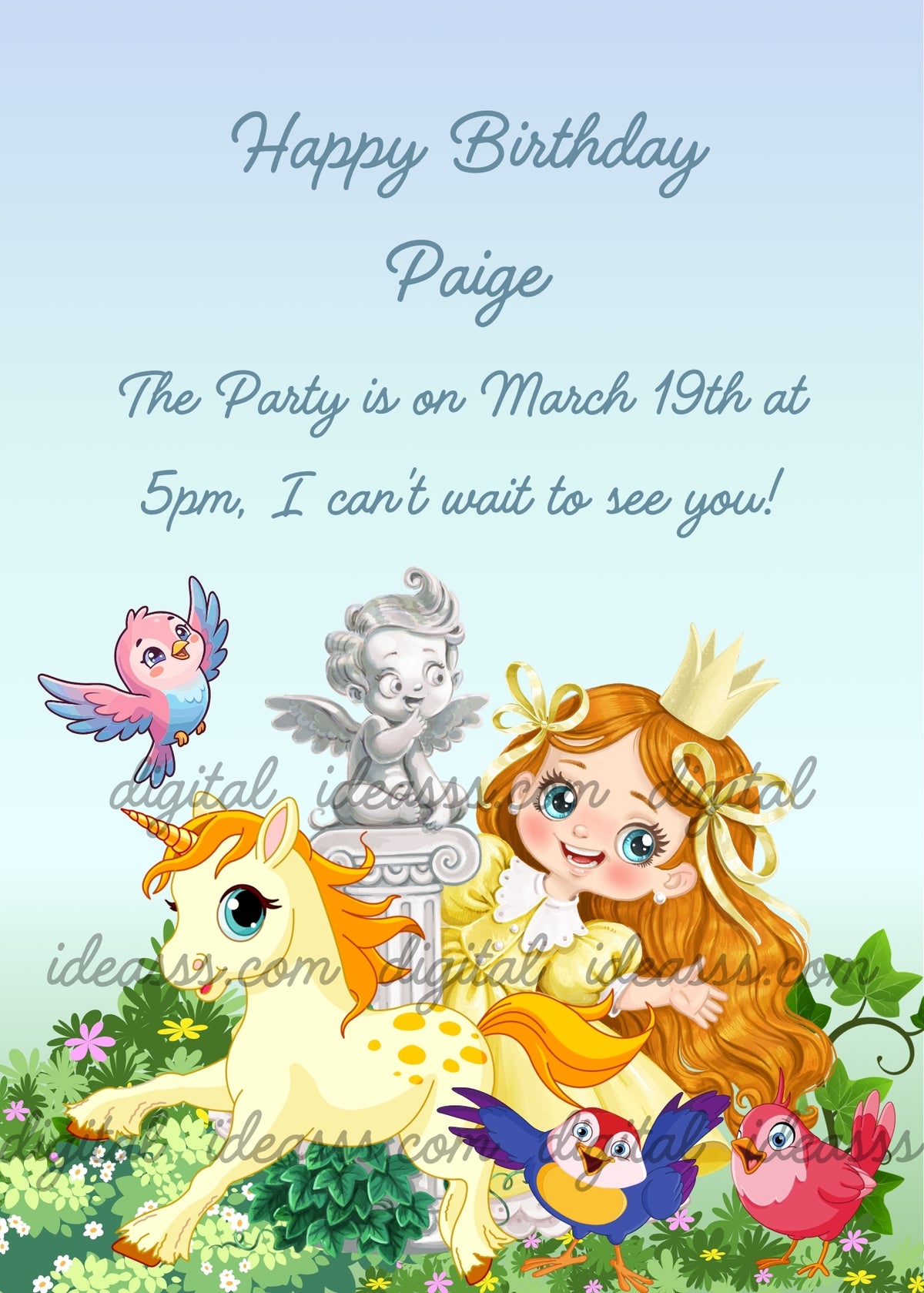 Princess in a yellow dress with long auburn hair and a crown beside a pale yellow unicorn with an orange mane, three colorful birds and a cherub statue on a pedestal in a flower garden, against a pale blue and mint background - printable birthday card for girls aged 3 to 12