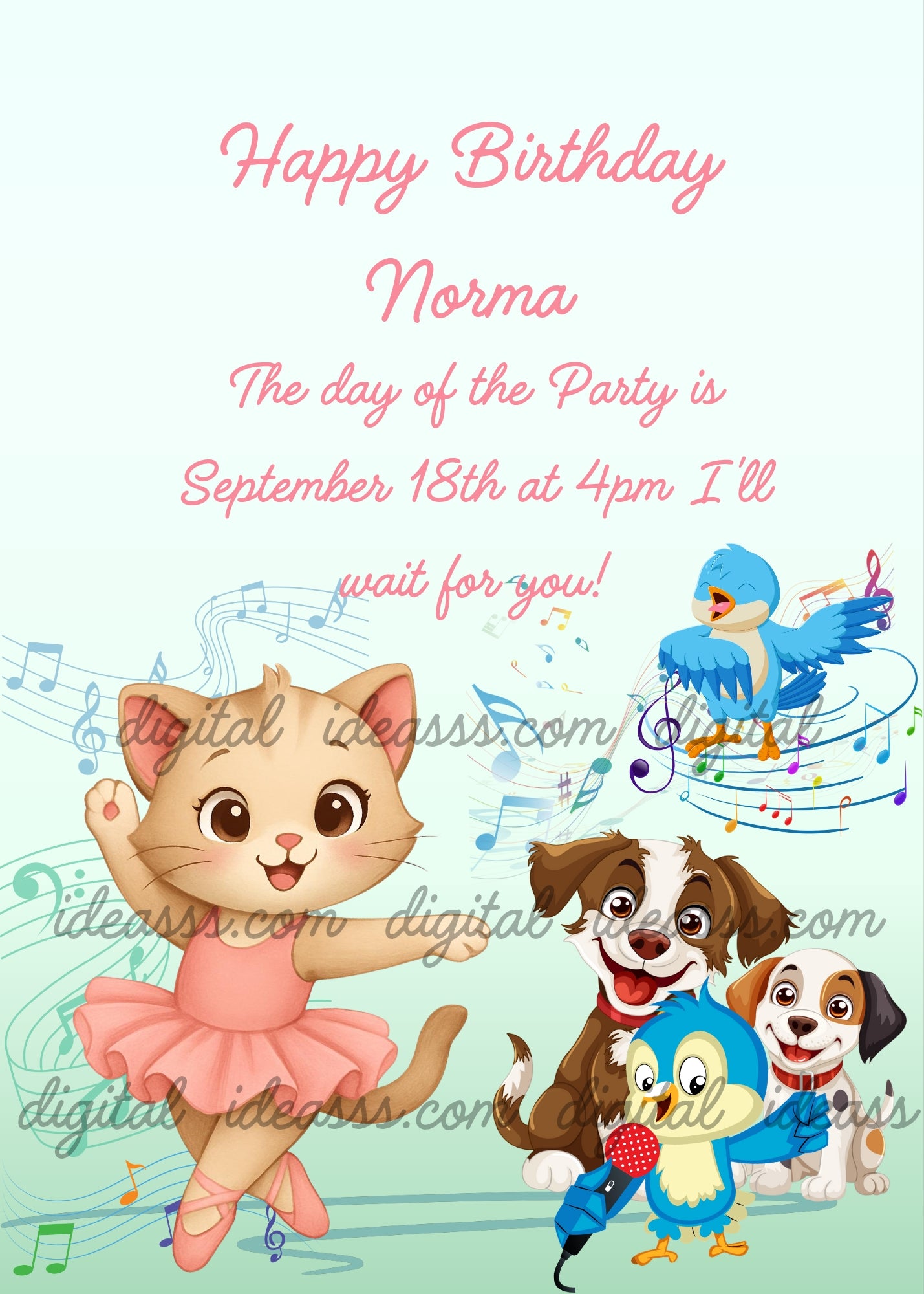 A tabby kitten ballerina in a pink tutu dancing with two happy puppies, a little blue bird with a microphone singing and a blue bird on a music staff with colorful notes on a soft mint green background — birthday card for girls aged 3 to 10