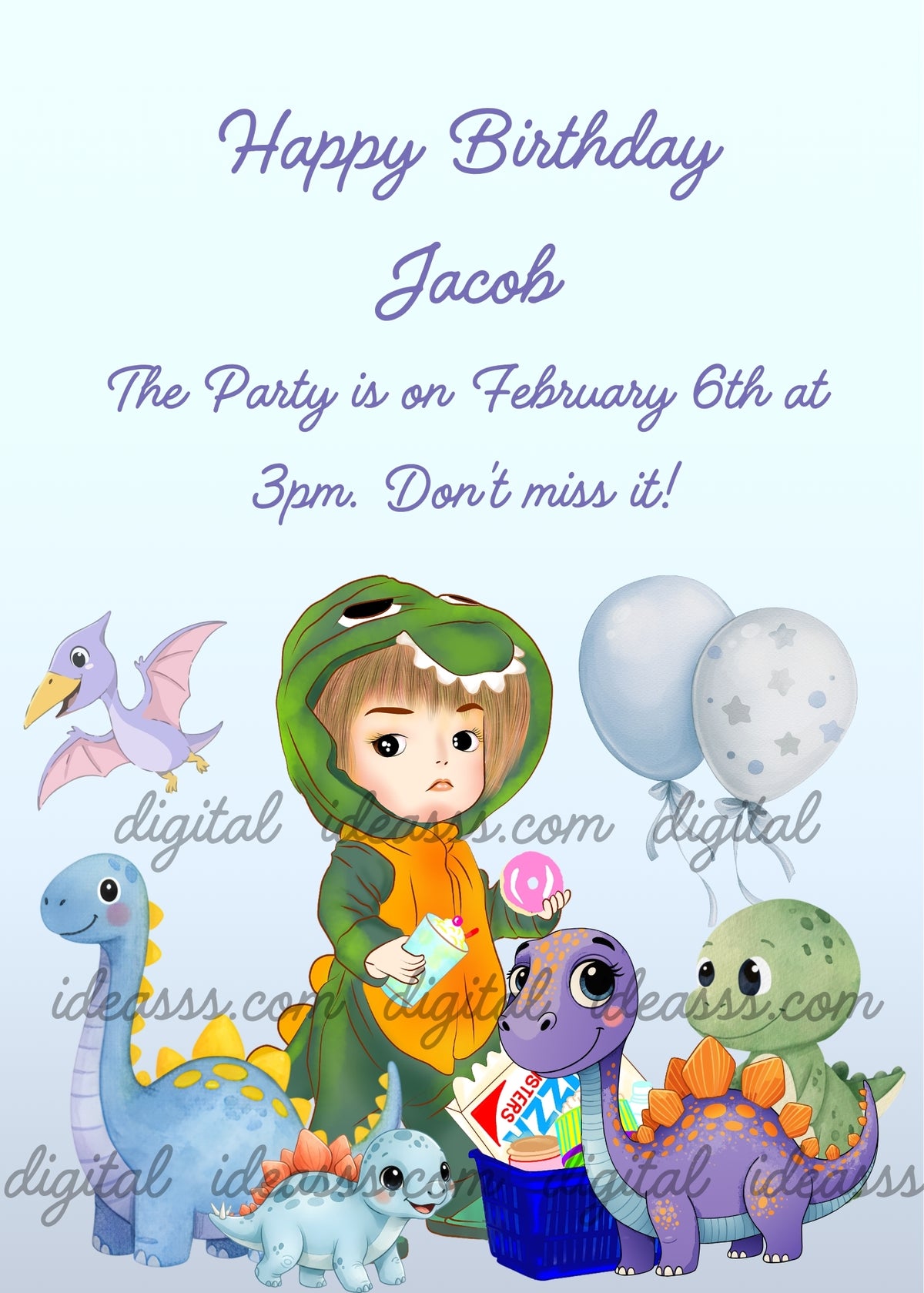 Boy in a green dinosaur costume holding a pink ball and a drink carton, surrounded by colorful kawaii toy dinosaurs, a purple pterodactyl, two grey-blue balloons and a blue snack bucket on a soft light blue background - printable birthday card for boys aged 5 to 10