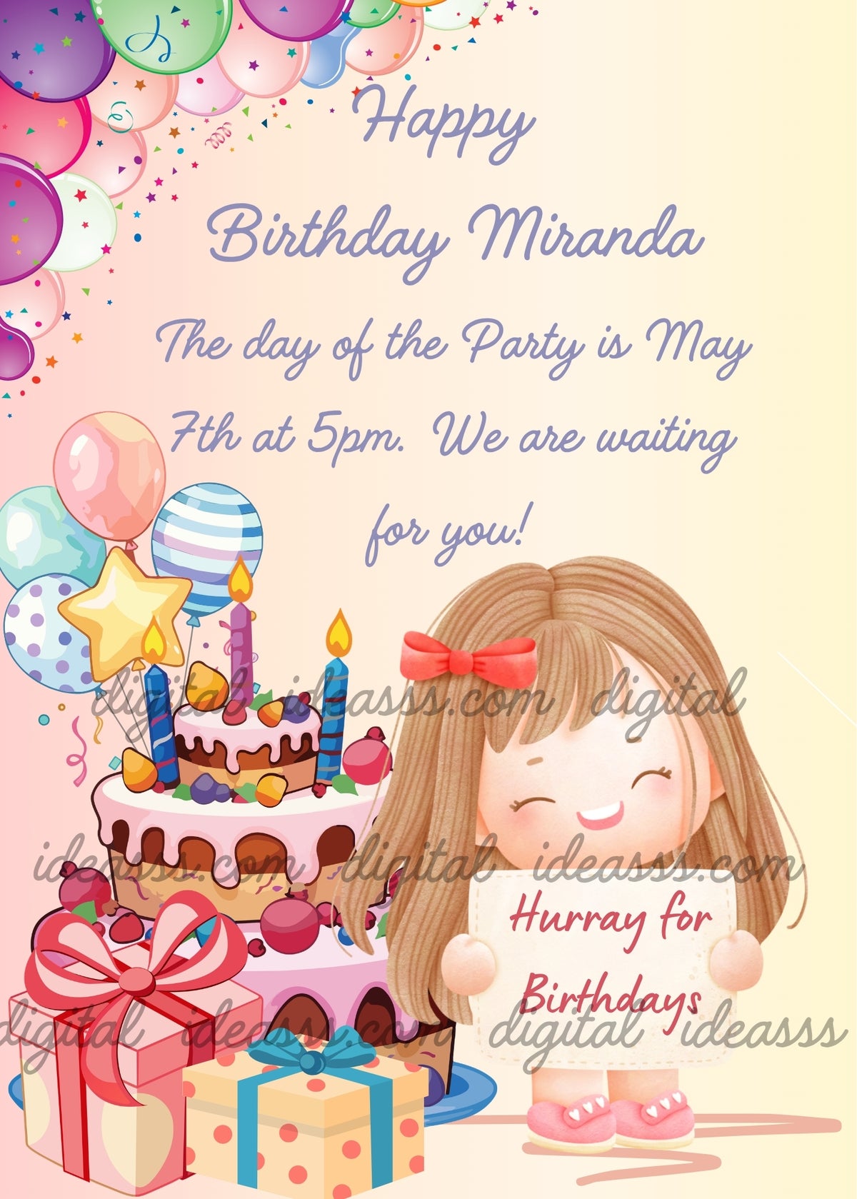 Sweet kawaii girl with long brown hair and a red bow, smiling and holding a sign beside a tall decorated birthday cake with candles, colorful balloons, confetti and gift boxes on a soft pastel pink and yellow background — birthday card for girls aged 1 to 12