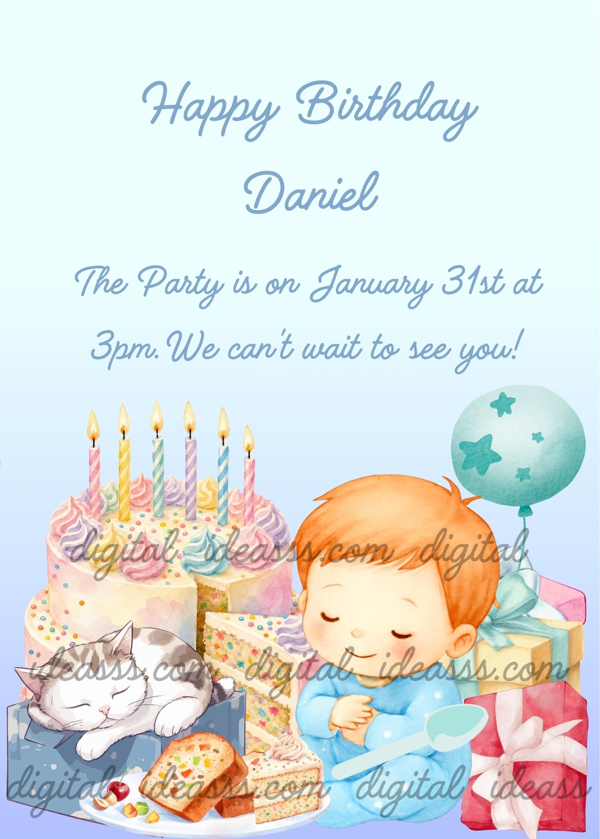 A sweet boy dressed in blue sits on a gift box beside a sleeping kitten, surrounded by colorful presents, a blue balloon and a pastel birthday cake with lit candles. A slice of cake adds a lovely finishing touch — a printable birthday card for children aged 1 to 9