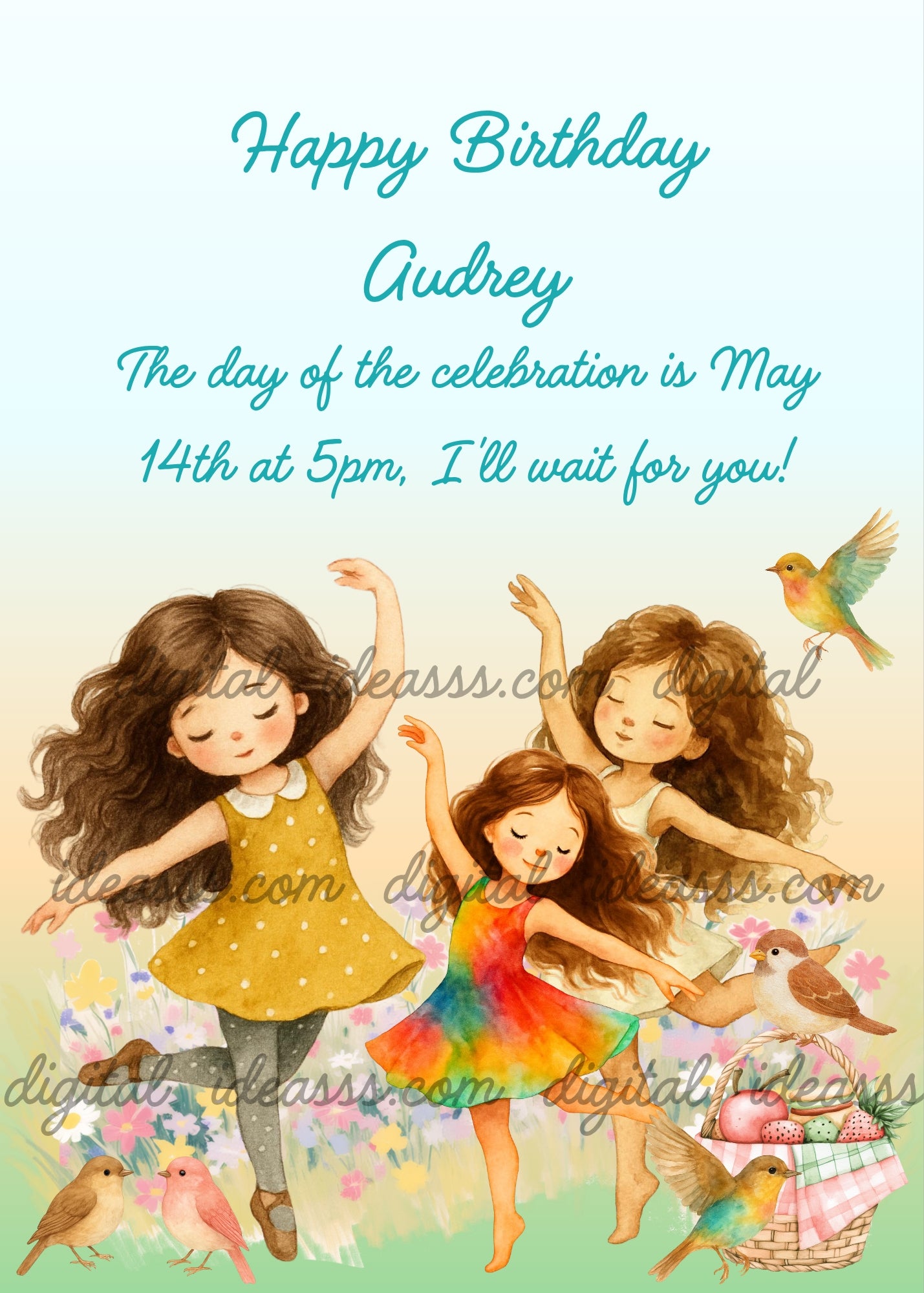 Three girls with long brown hair dancing joyfully in a spring meadow with colorful flowers, little birds and a basket of strawberries on a soft green pastel background — birthday card for girls 5-12