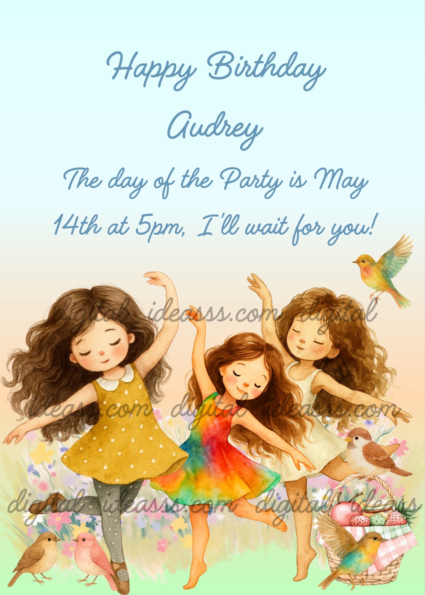 Three girls with long brown hair dancing joyfully in a spring meadow with colorful flowers, little birds and a basket of strawberries on a soft green pastel background — birthday card for girls aged 5 to 12