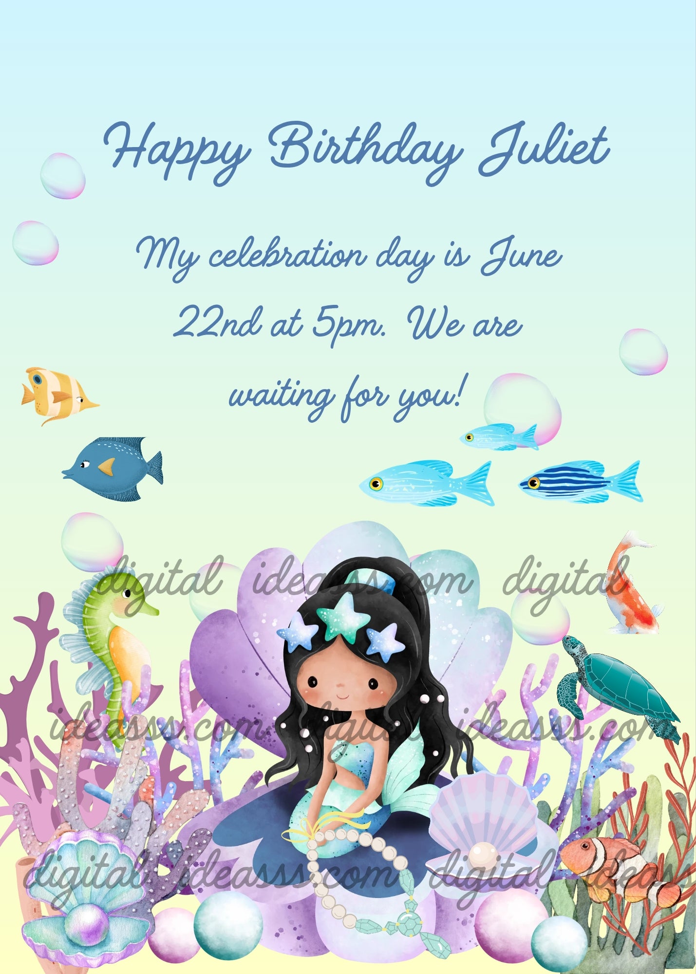 Little mermaid with black hair and blue starfish sitting in a lilac shell, yellow seahorse, colorful fish, green turtle, lilac corals and pink pearls underwater — birthday card for girls aged 1 to 10
