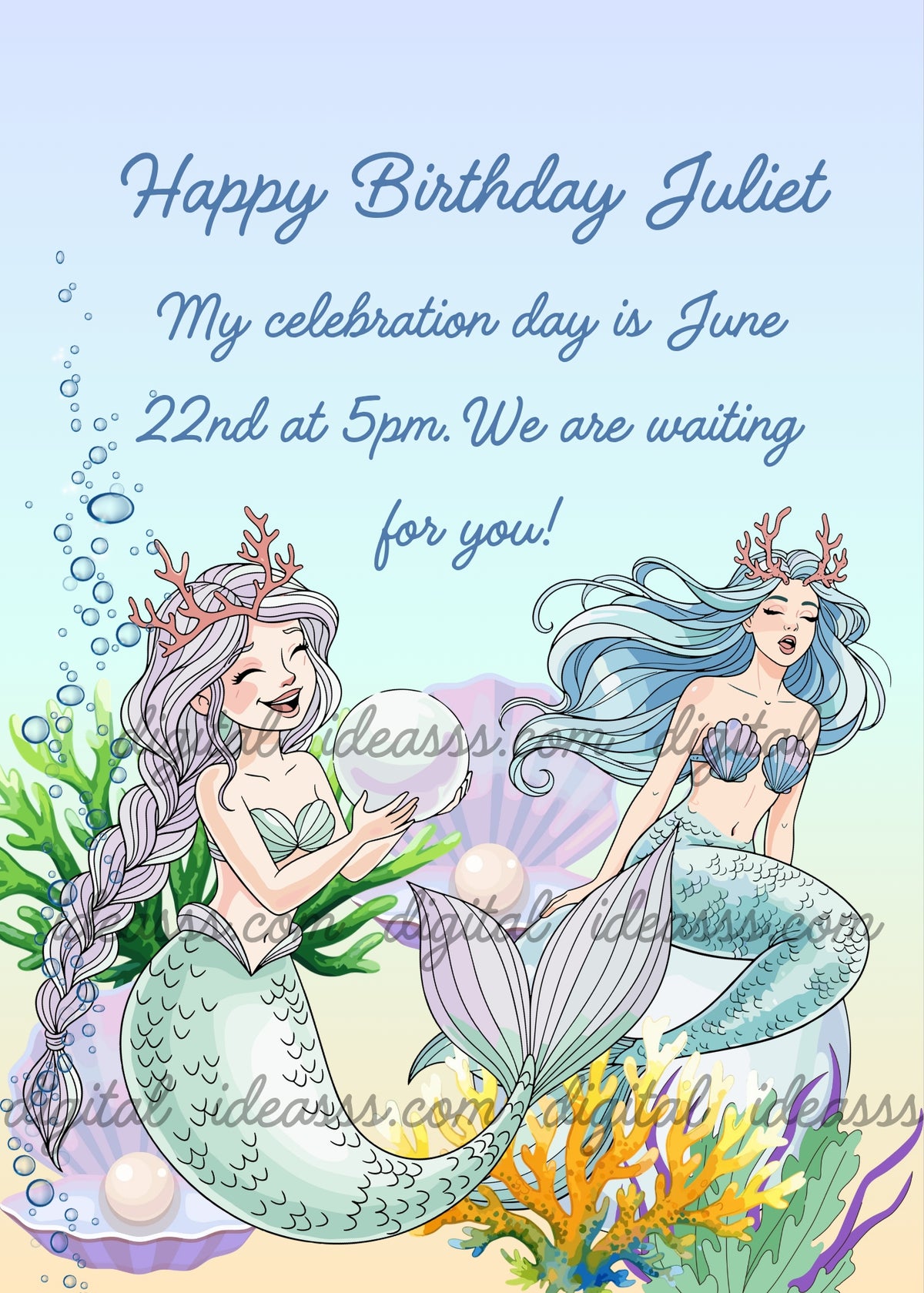 Two mermaids with coral crowns, one with gray braided hair holding a pearl and one with blue hair sitting on a large pearl, oyster shells, seaweed and bubbles on pastel blue background — birthday card for girls aged 10 to 14