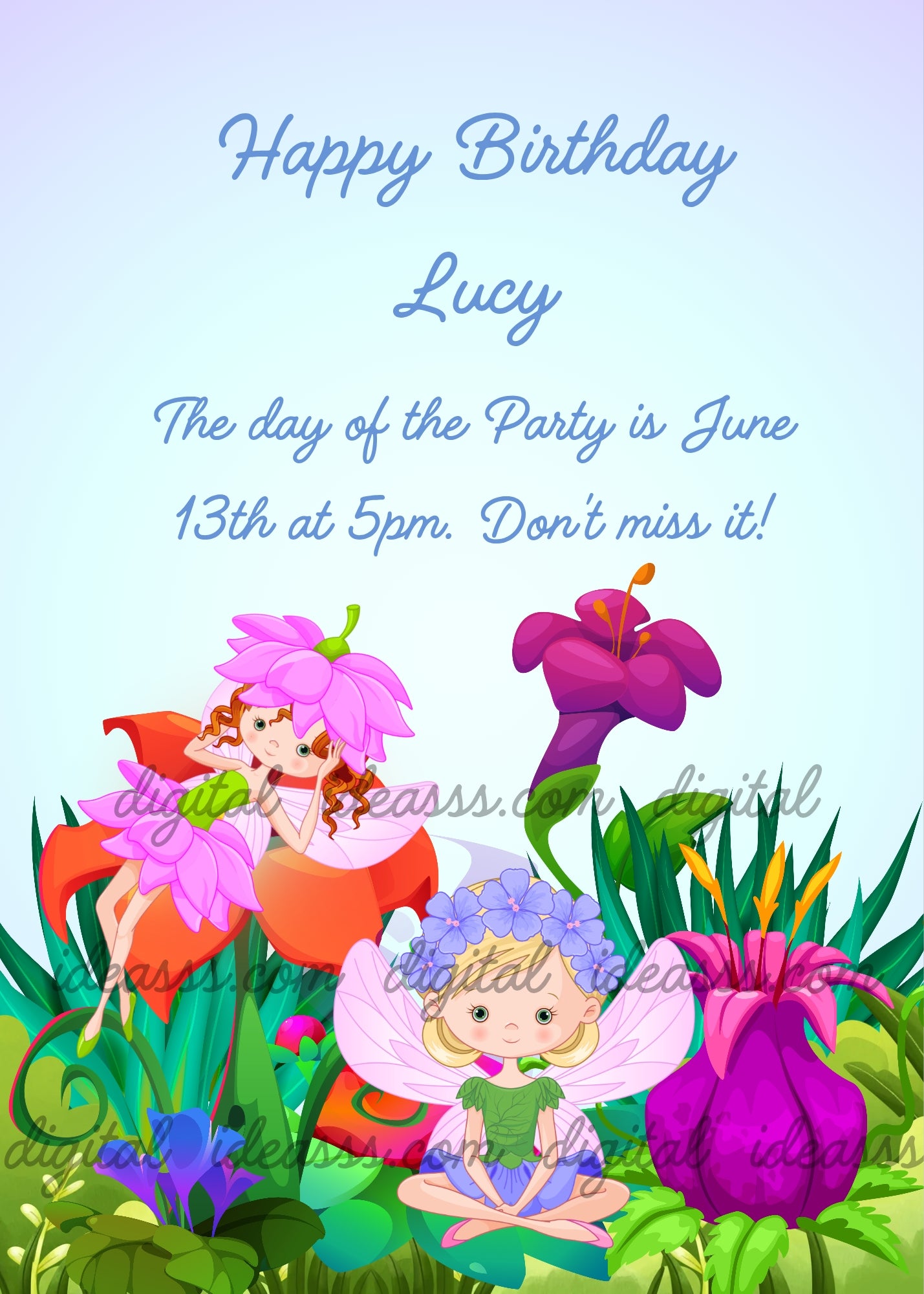 Two fairies in a magical garden with giant colorful flowers, one redhead fairy in pink flower dress lying on an orange flower and one blonde fairy with blue flower crown sitting on the ground, surrounded by purple and pink tropical flowers — birthday card for girls aged 8 to 14