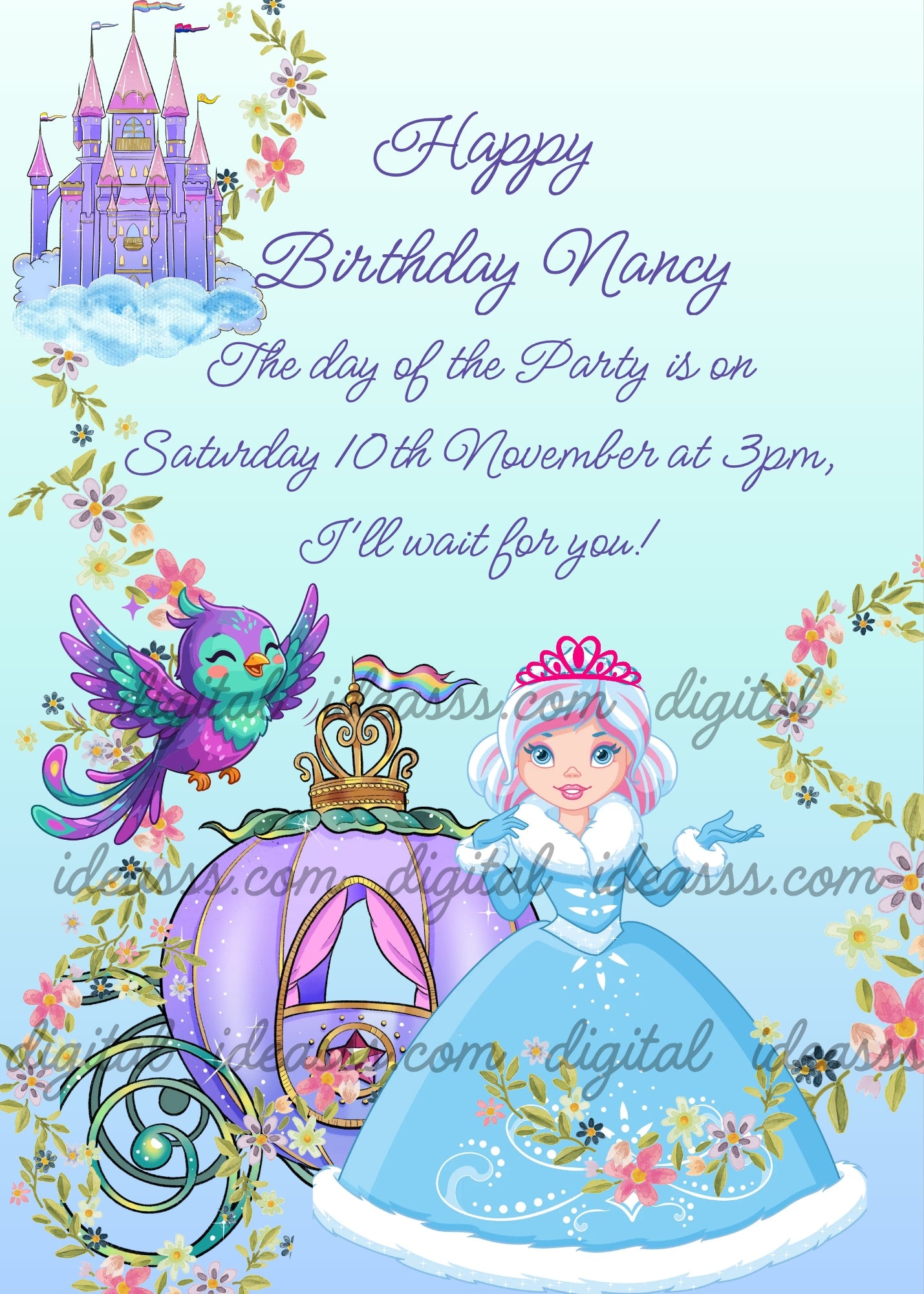 A kawaii princess with white and pink hair, pink tiara and elegant blue dress with white fur trim, standing beside a purple pumpkin-shaped carriage with golden crown and decorations, with a colorful bird with purple and turquoise wings flying joyfully nearby, a majestic purple castle floating among white clouds in the top corner, and decorative pink yellow lilac and white flowers with green leaves framing the scene, on a soft blue and white background — birthday card for girls aged 5 to 10