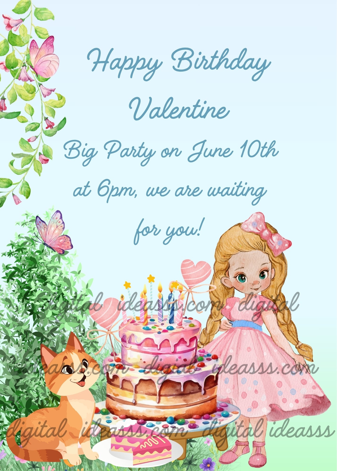A blonde girl in a pink dress with a pink bow, an orange kitten, a colorful birthday cake with candles and heart balloons, butterflies and pink flowers on a light blue and green background — printable birthday card for girls aged 5 to 14