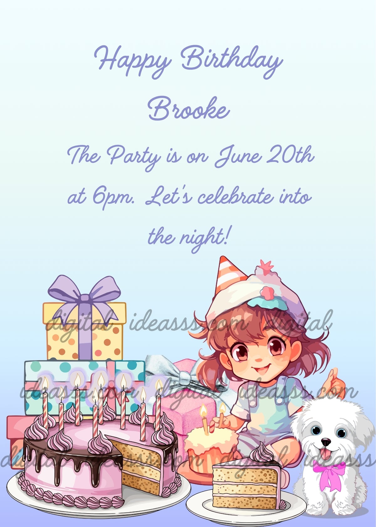 Smiling girl in a blue outfit and party hat beside a white puppy with a pink bow, a pink layered cake with chocolate drizzle and lit candles, a cupcake, a slice of cake on a plate and colorful gift boxes — printable birthday card for children aged 7 to 14