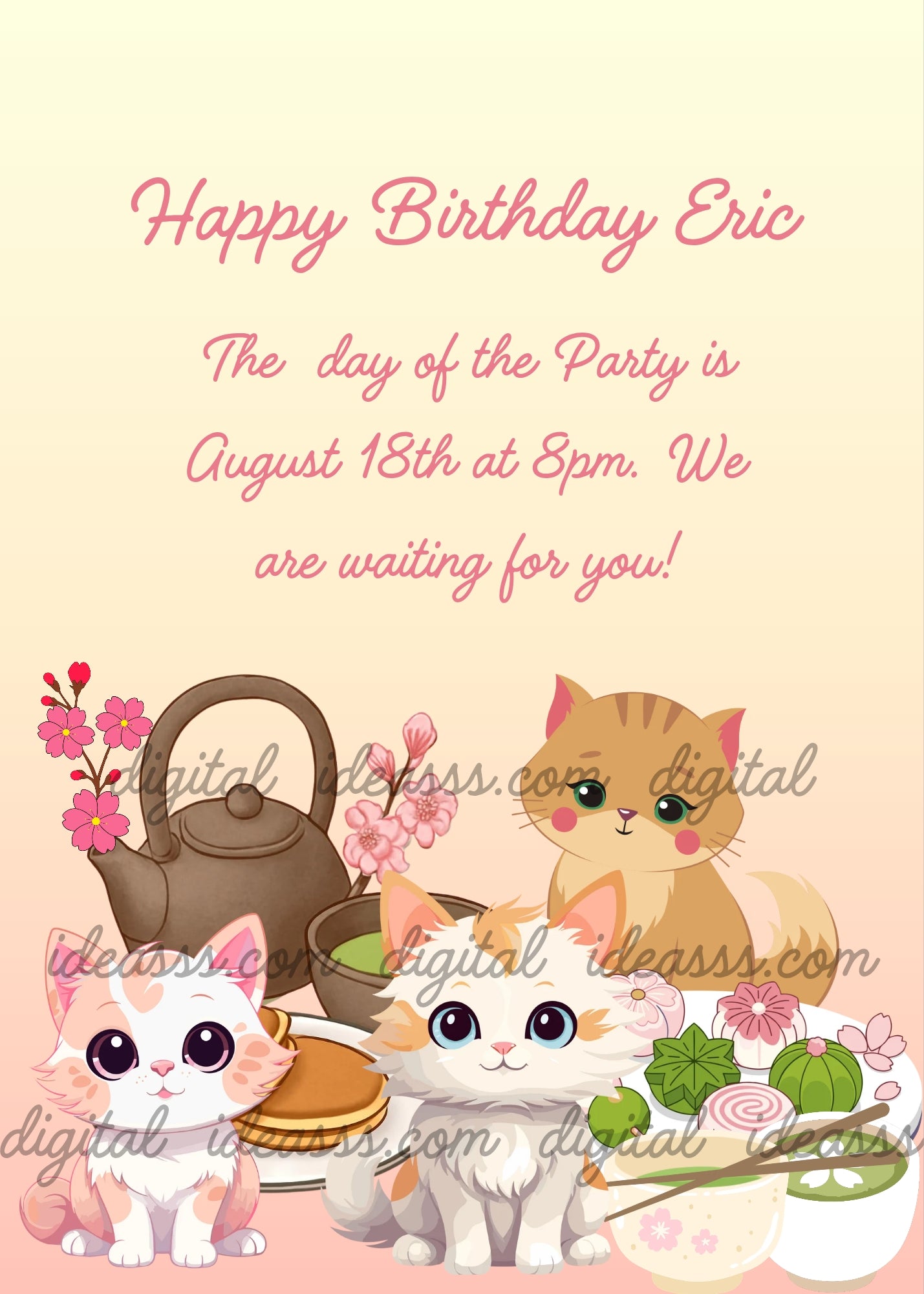Three cute kawaii kittens sitting around a Japanese tea set with teapot, wagashi sweets, cherry blossom flowers on a soft yellow to pink gradient background — printable birthday card for kids aged 5 to 12