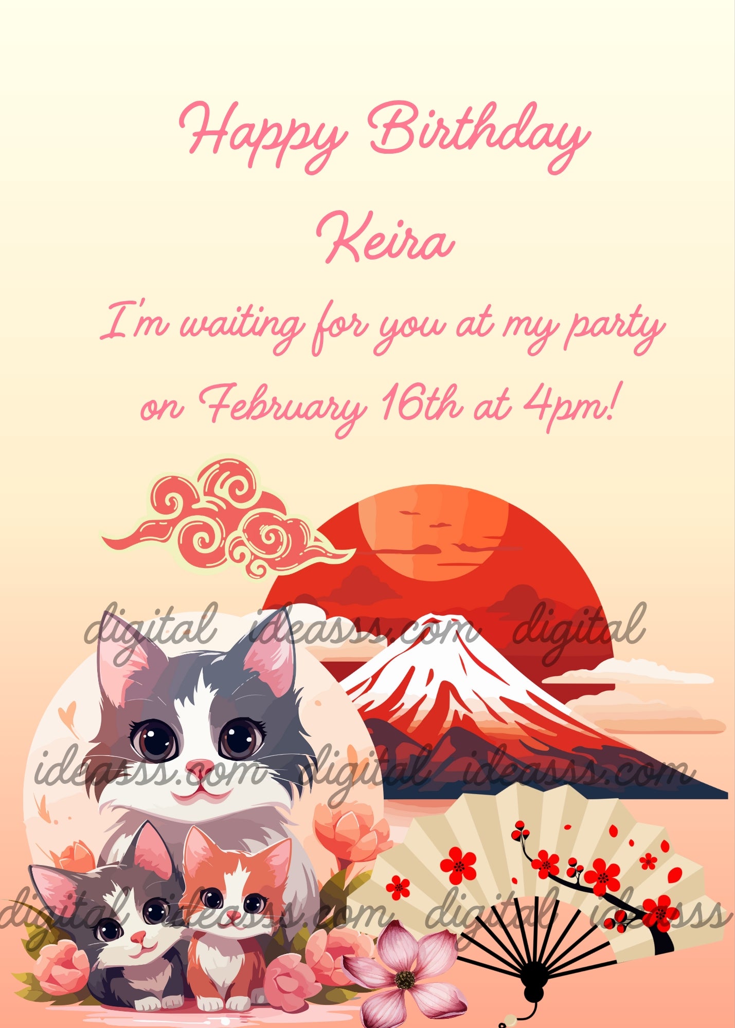 A mama cat and two kittens in front of Mount Fuji with a red sun, cherry blossoms and a Japanese fan — printable birthday card for kids aged 6 to 12