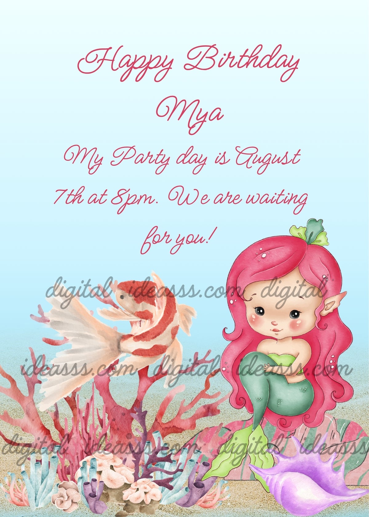 Little mermaid with pink-red hair and green tail sitting on a pink rock, white and red Japanese koi fish, red coral, lilac shell and sea sponges on sandy ocean floor — birthday card for girls aged 8 to 14