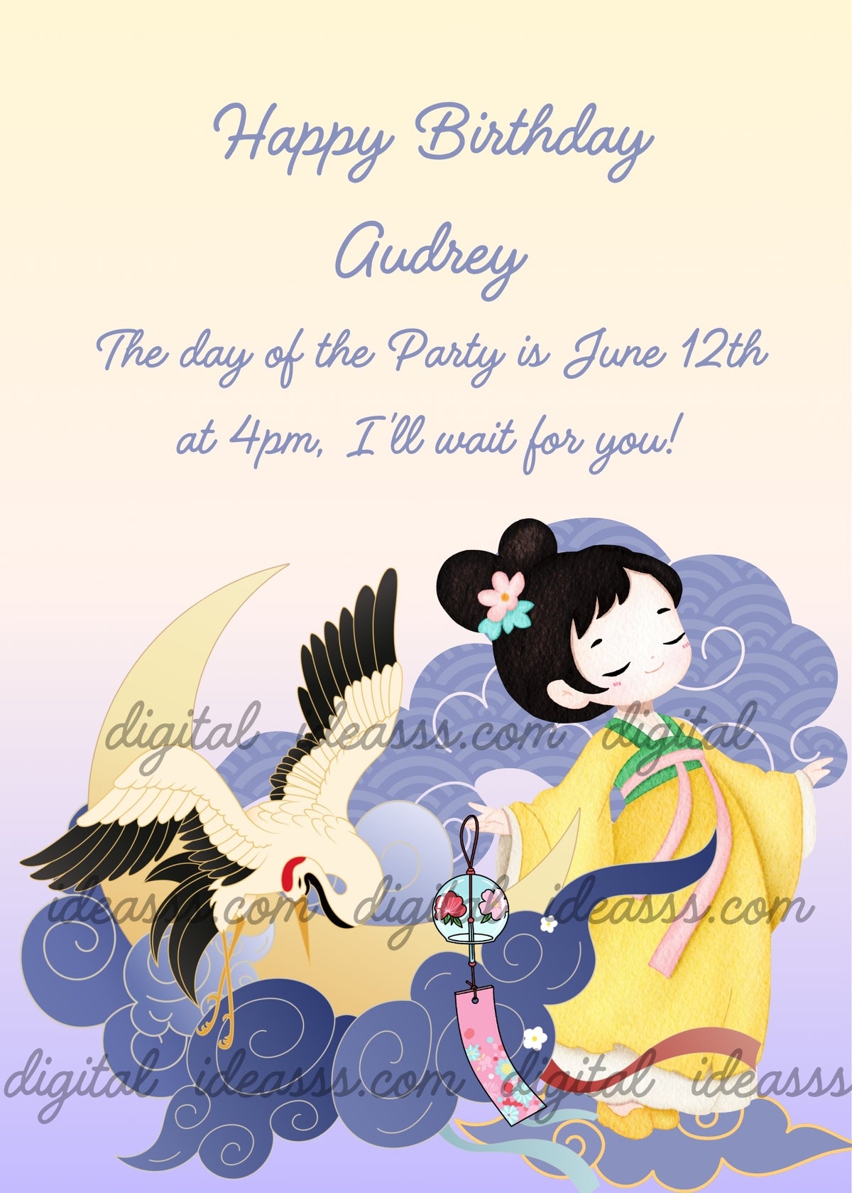 Japanese girl in yellow kimono with pink flower in black hair, white crane with red head in flight, golden crescent moon, blue swirl clouds, pink lantern with rose, cream to lilac gradient background — birthday card for girls aged 4 to 12