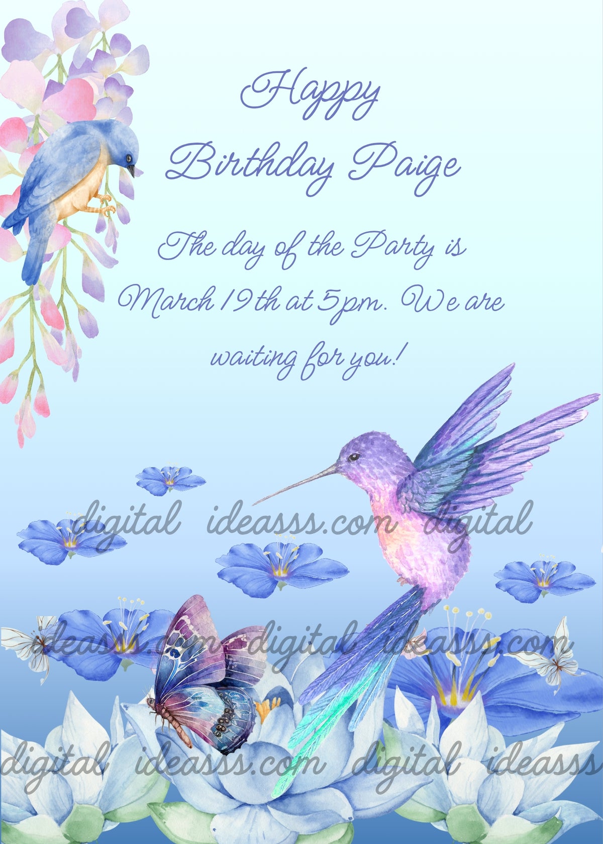 Hummingbird with purple and lilac feathers and long turquoise tail in flight at center, blue nightingale perched among pink and lilac wisteria in upper left corner, blue butterfly resting on white lotus flowers at the bottom, delicate blue flowers scattered throughout, soft blue gradient background fading to white — birthday card for girls aged 10 to 14