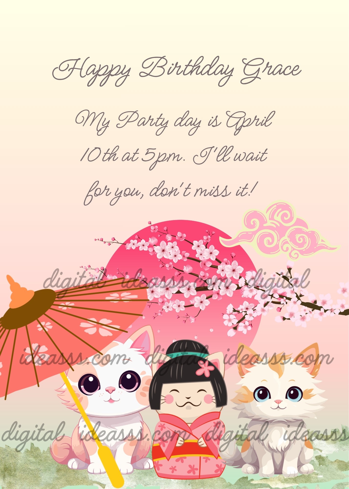 Two kawaii kittens and a Kokeshi doll cat in kimono under cherry blossoms with a Japanese umbrella and pink sun - printable birthday card for girls 5-14