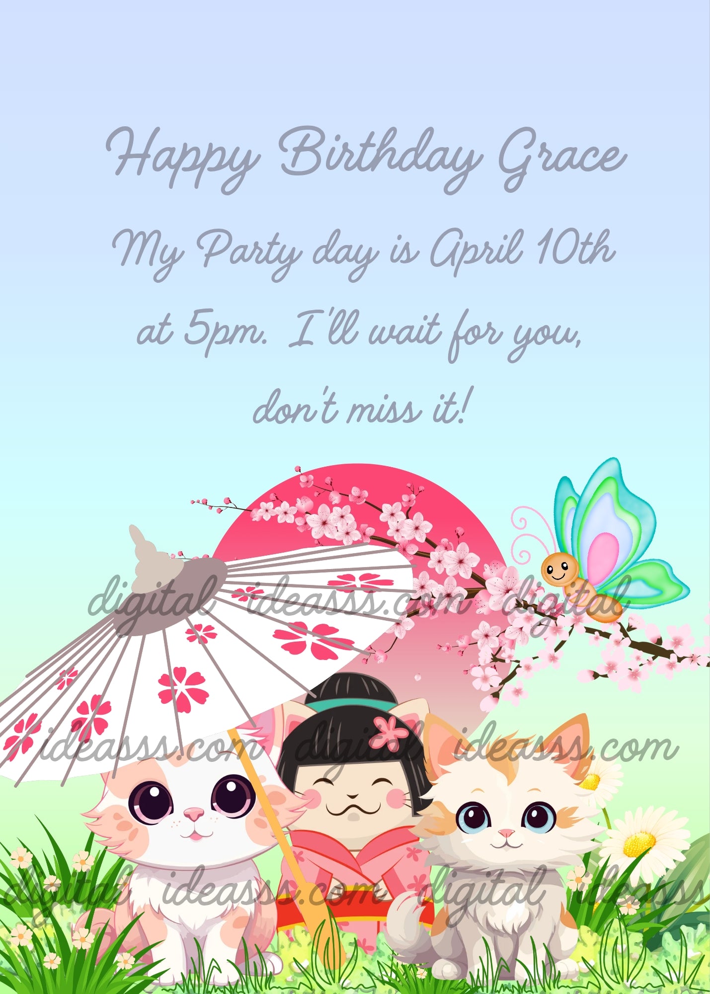 Two kawaii kittens and a Kokeshi Cat doll with a white Japanese parasol with pink flowers, cherry blossom branches, a kawaii butterfly and a pink sun on a soft blue to mint green background — printable birthday card for girls aged 7 to 14