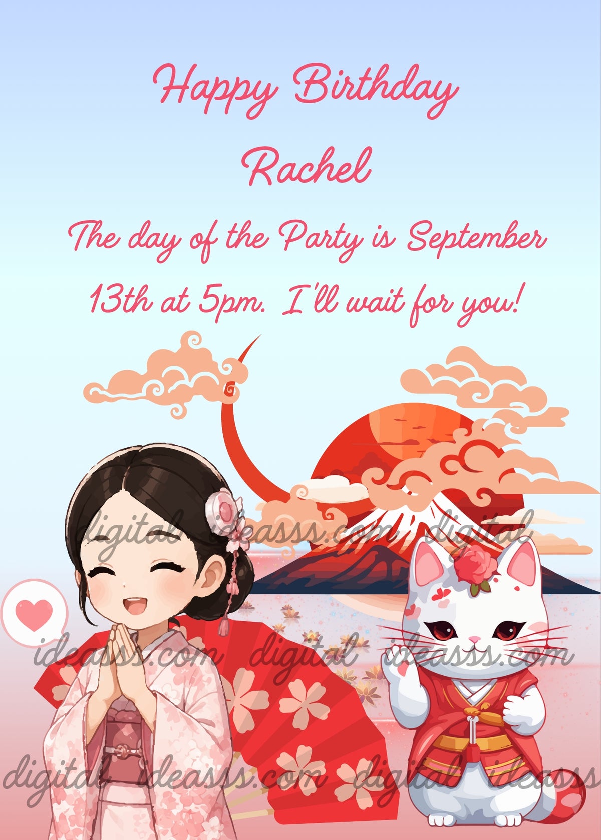 A cute kawaii girl in a pink floral kimono with flowers in her hair, smiling with hands together, next to a white Maneki Neko cat in a red kimono, with Mount Fuji, a large red sun, and decorative Japanese clouds on a soft pink and light blue gradient background — birthday card for girls aged 8 to 14
