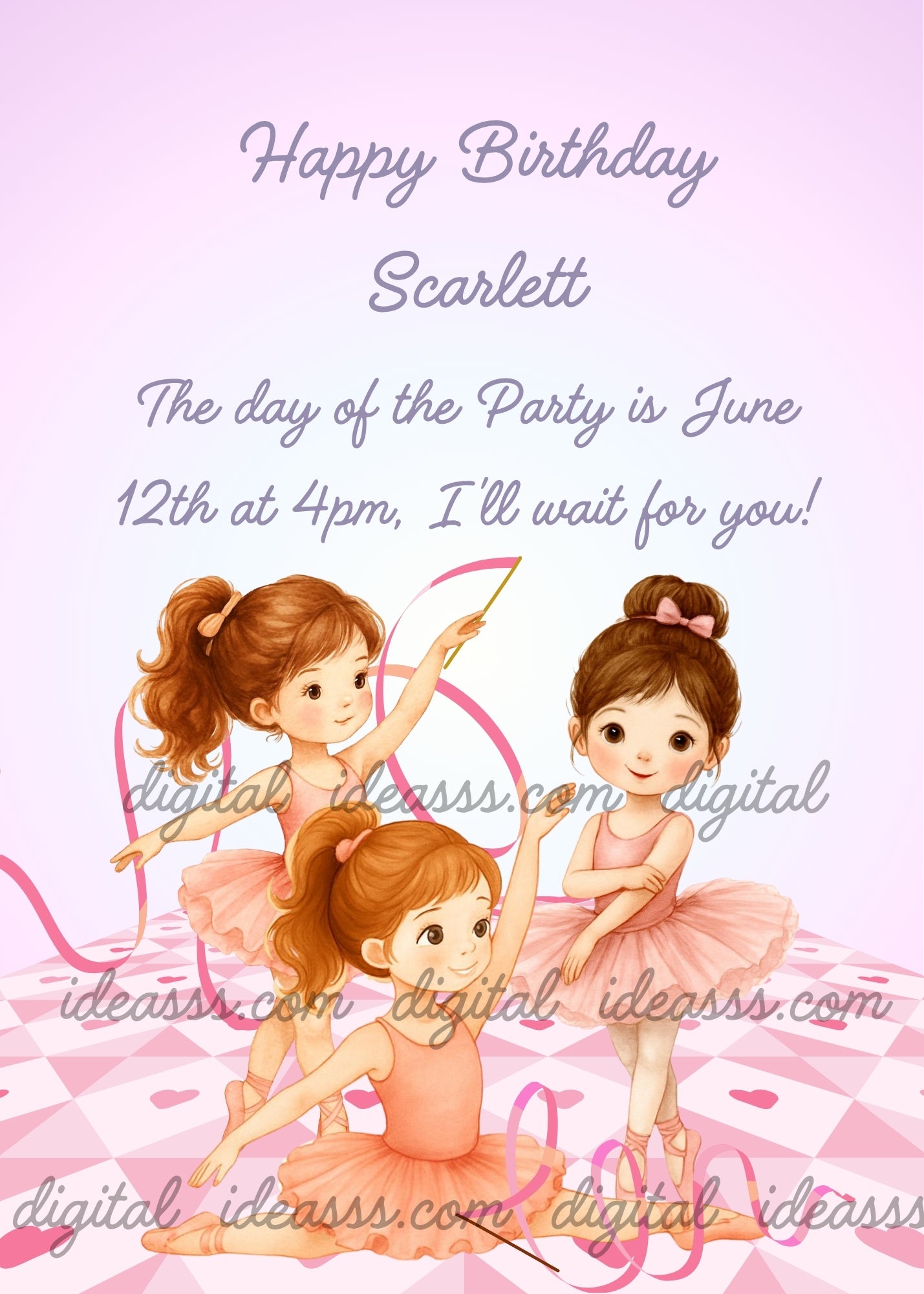 Three little ballerinas in soft pink and peach tutus dancing with ribbons on a playing card heart pattern floor on a delicate lilac background — birthday card for girls aged 3 to 10