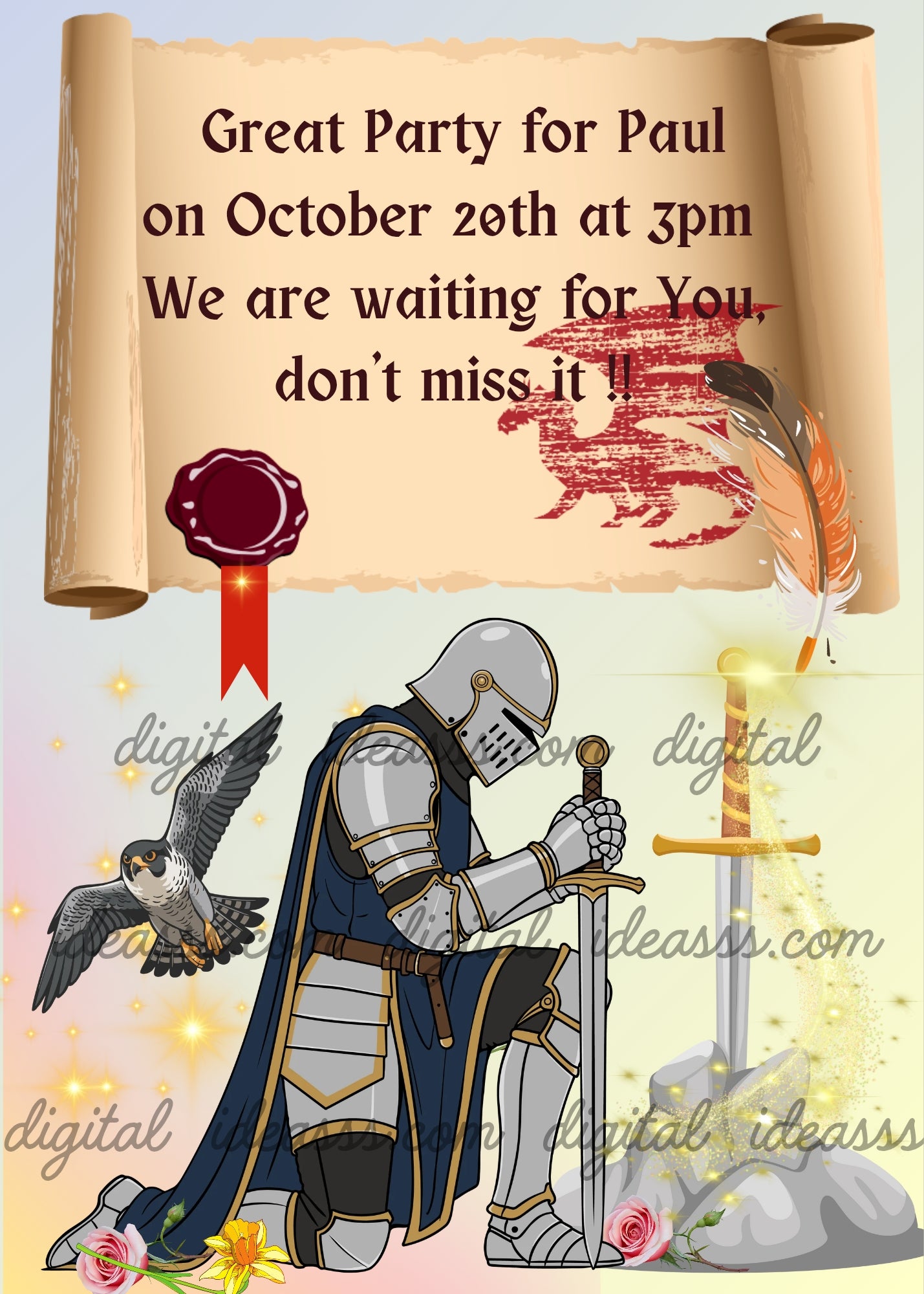 Knight in silver and blue armor kneeling in oath pose holding a sword, majestic falcon with open wings on the left, golden sword in stone with magical sparkles, ancient parchment scroll with red wax seal, heraldic dragon stamp and quill pen, on a soft pastel background — birthday card for boys aged 8 to 14
