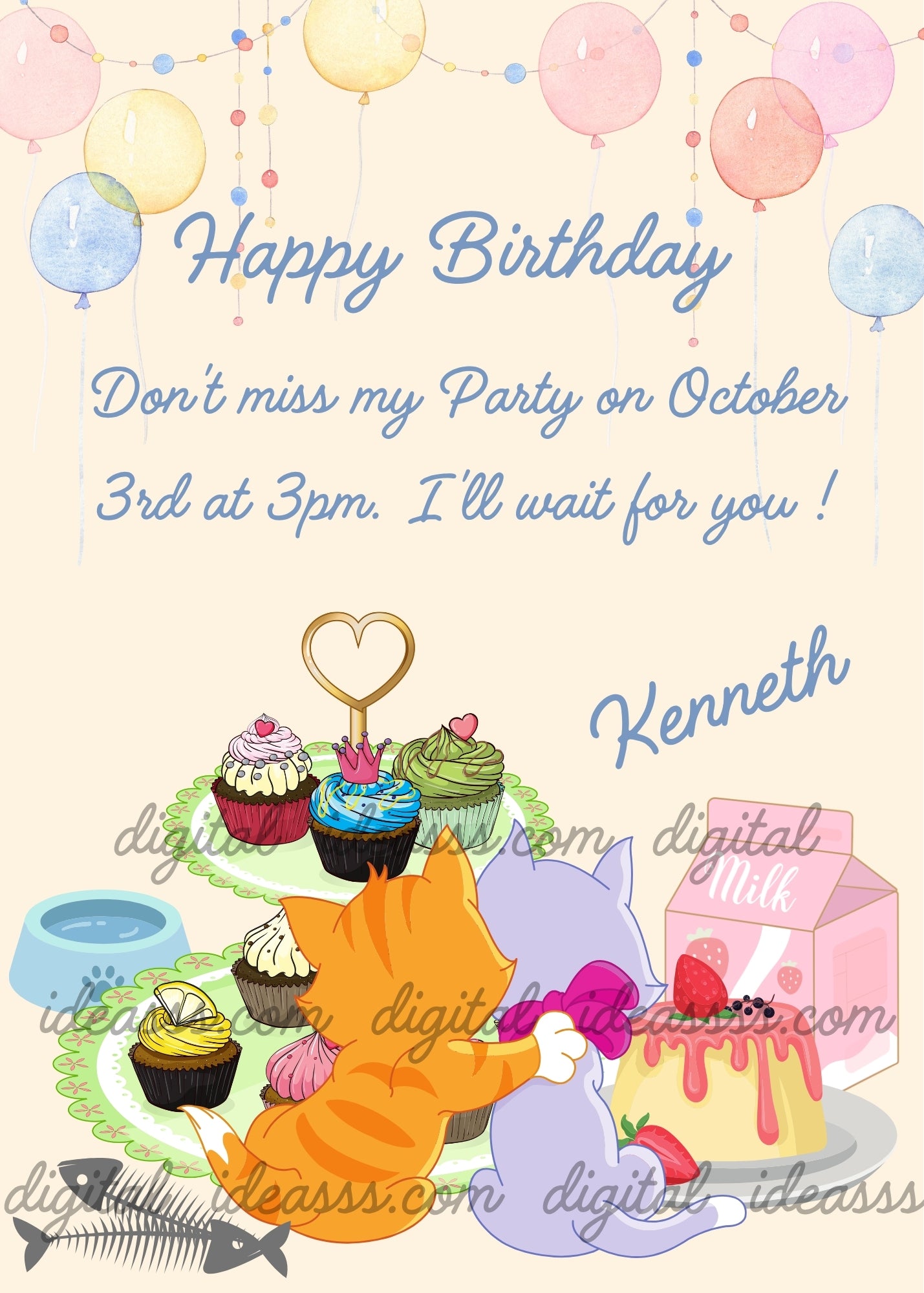 An orange kitten and a grey kitten celebrating with colorful cupcakes, pastel balloons, a pink milk carton and a strawberry pudding on a soft cream background — printable birthday card for kids aged 1-12