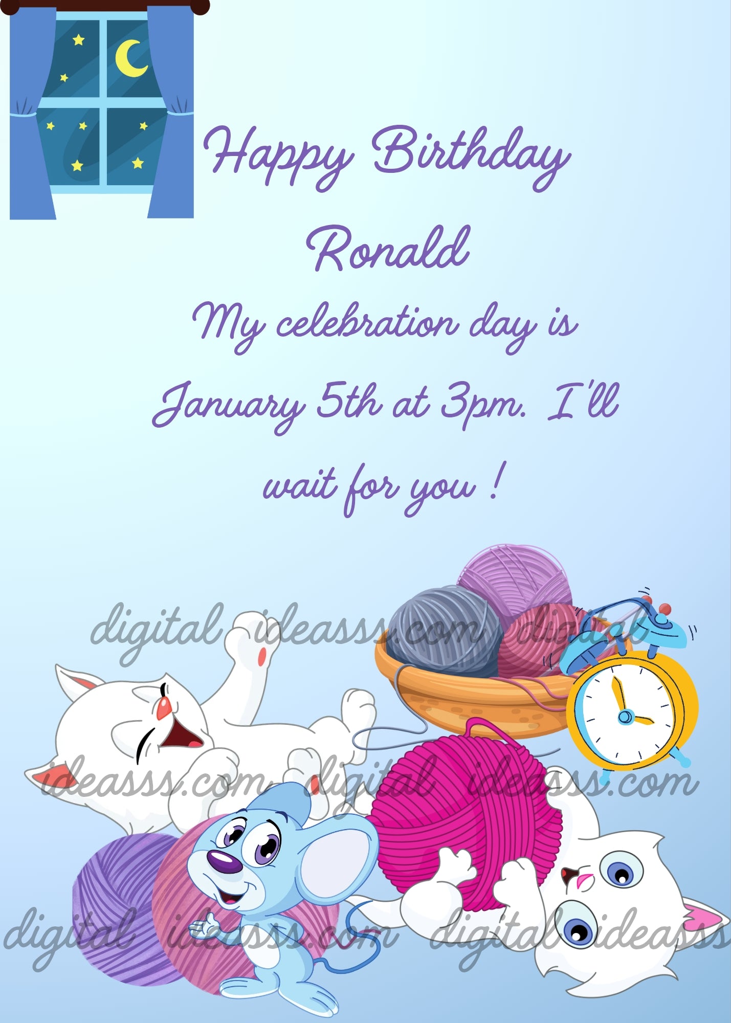 Two white kittens play with colorful yarn balls at night while a blue mouse watches, with moon, stars and alarm clock — printable birthday card for kids aged 1 to 10