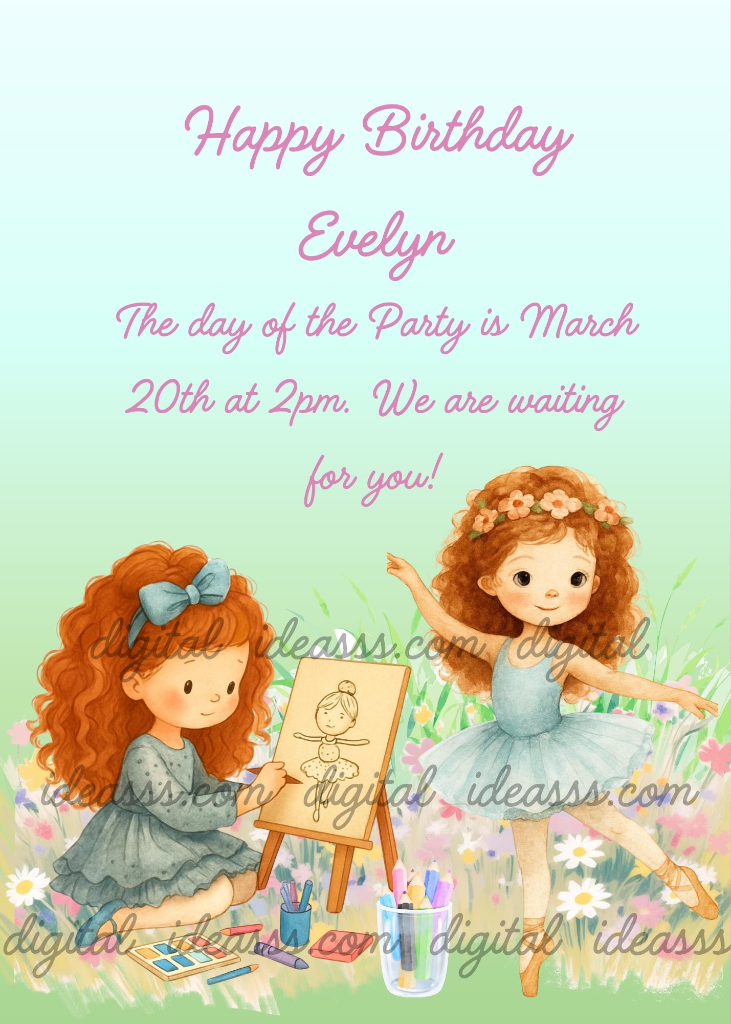 A red-haired girl drawing a ballerina on an easel while her curly red-haired friend dances in a blue tutu with a flower crown, in a spring meadow with daisies on a soft mint green background — birthday card for girls aged 3 to 10